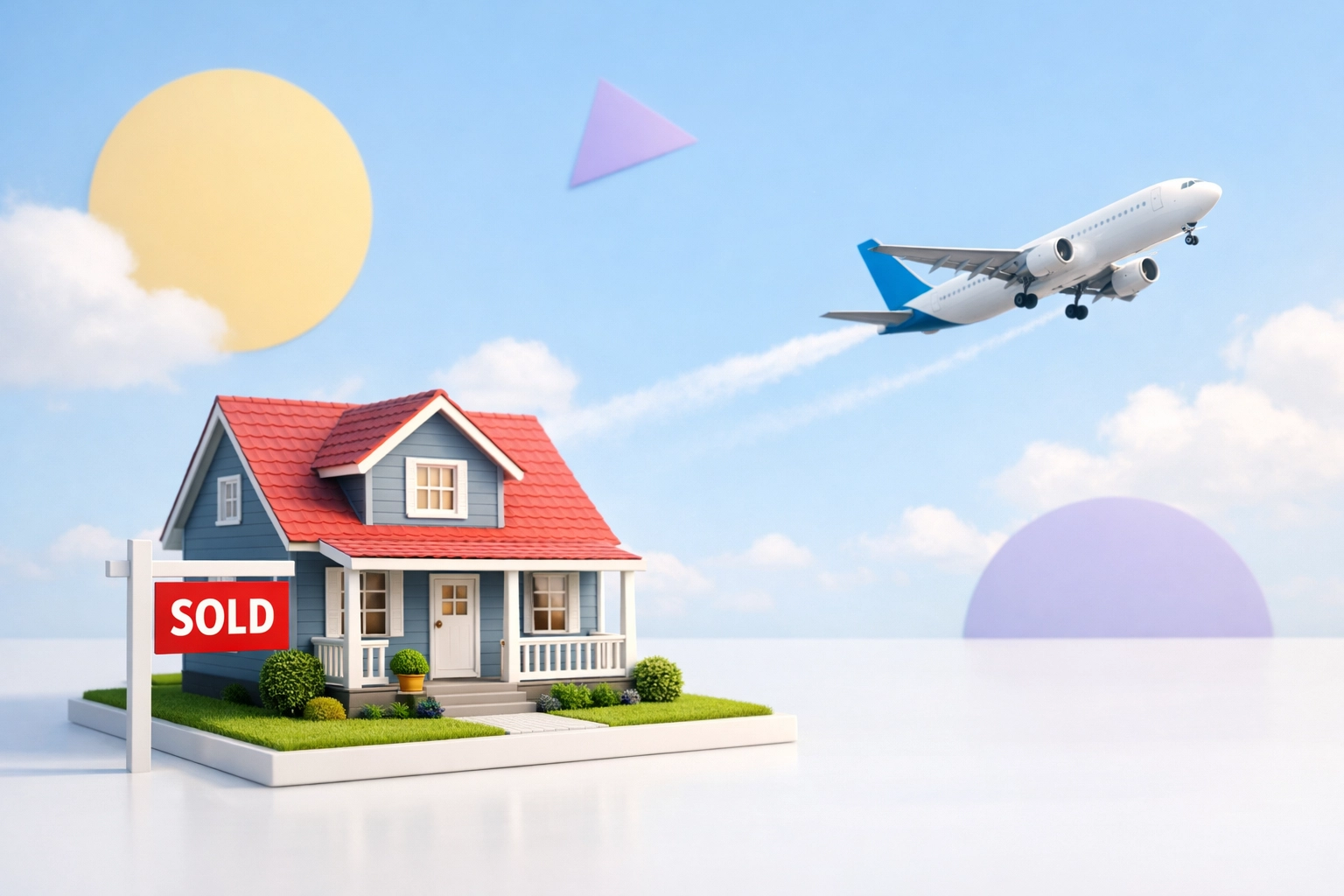 Sold house and departing airplane illustrating leaving UK and giving up UK home for Case 3