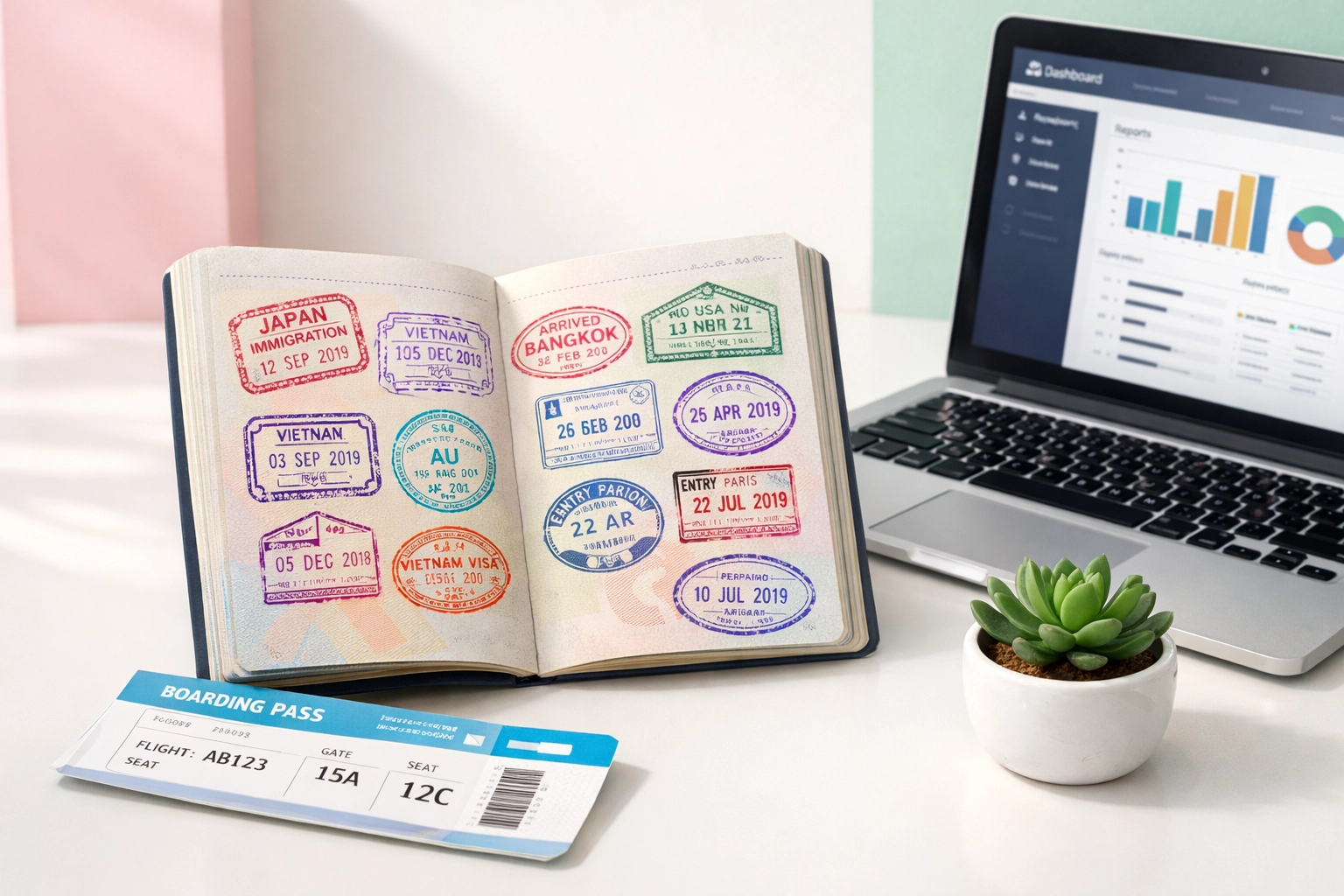 Passport with visa stamps and laptop representing full-time work abroad for Split Year Treatment