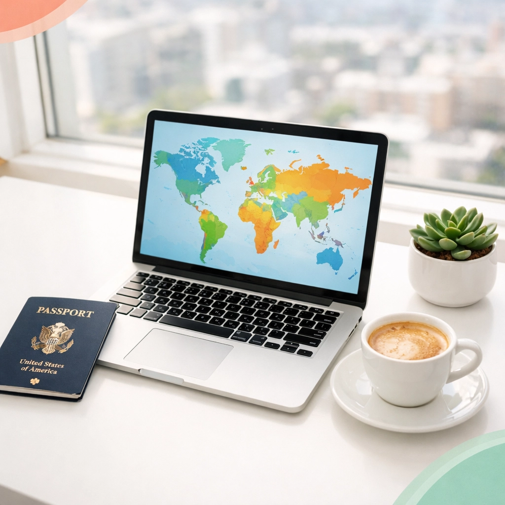 Expat workspace with laptop and passport showing international tax residency planning