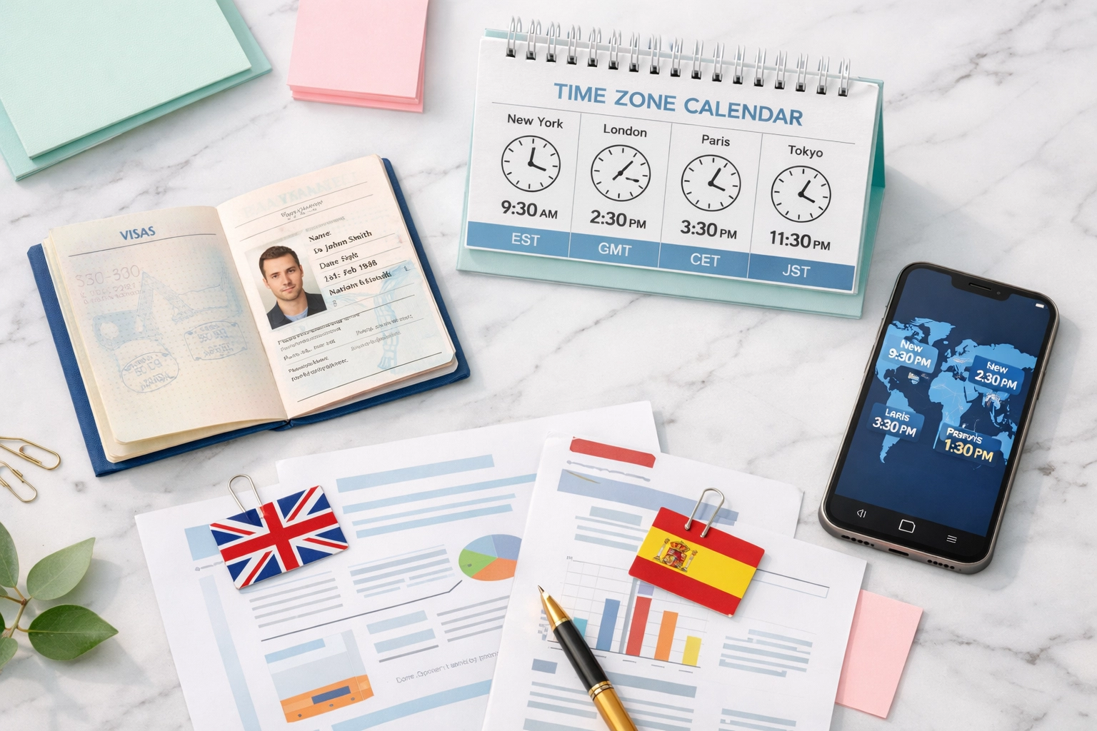 Tax planning documents and passport showing international tax residency complexity