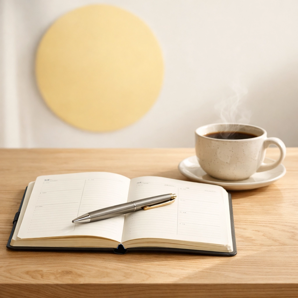 Open planner and pen for tracking UK days to ensure correct UK tax residency assessment status.