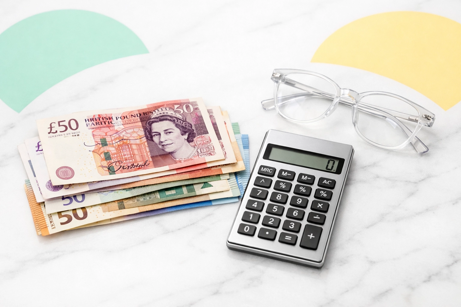 British Pound and Euro notes with a calculator for complex overseas property capital gains tax calculations.