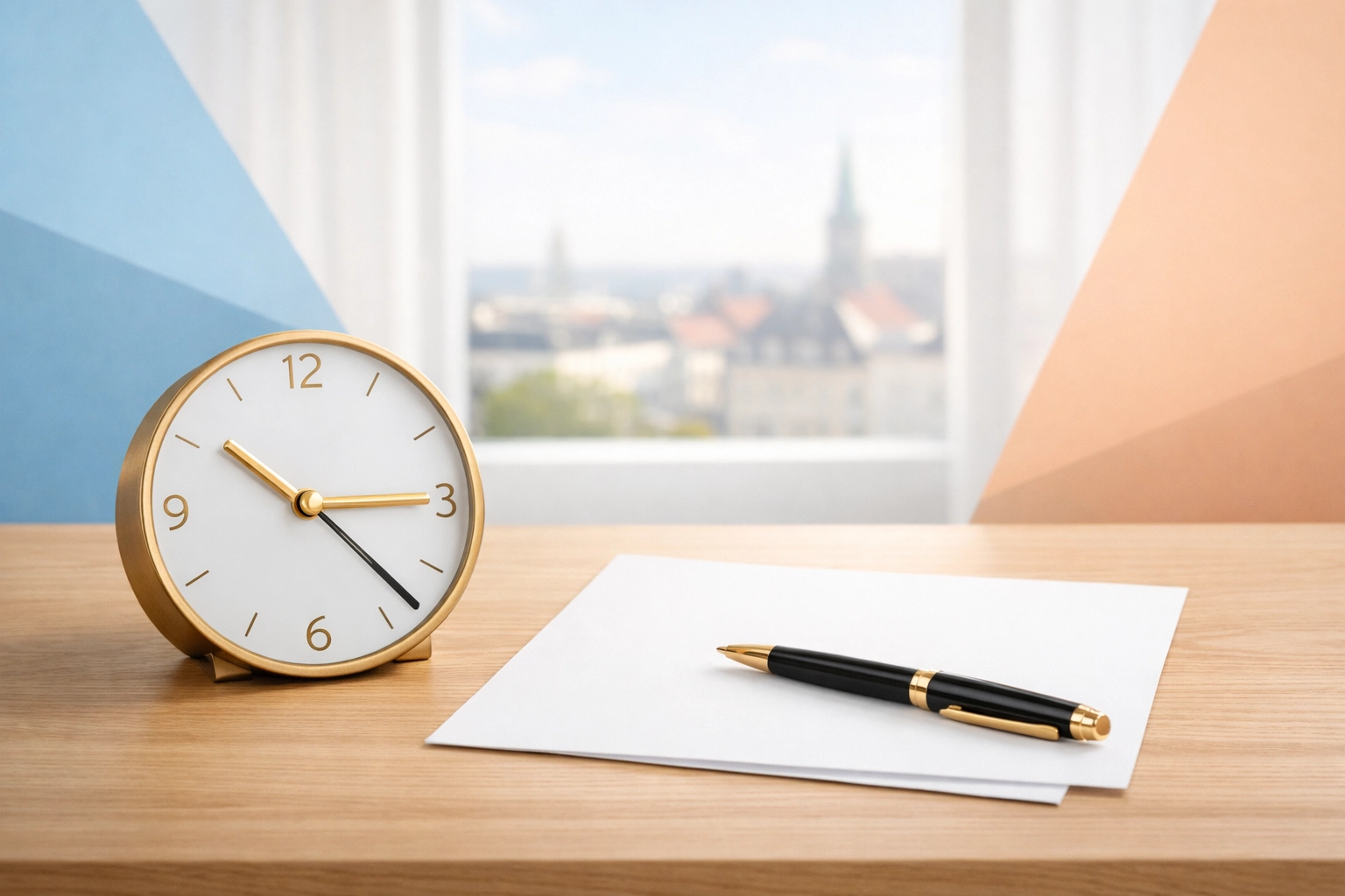 A desk with a clock and pen representing the 60-day HMRC deadline for UK capital gains tax filing.