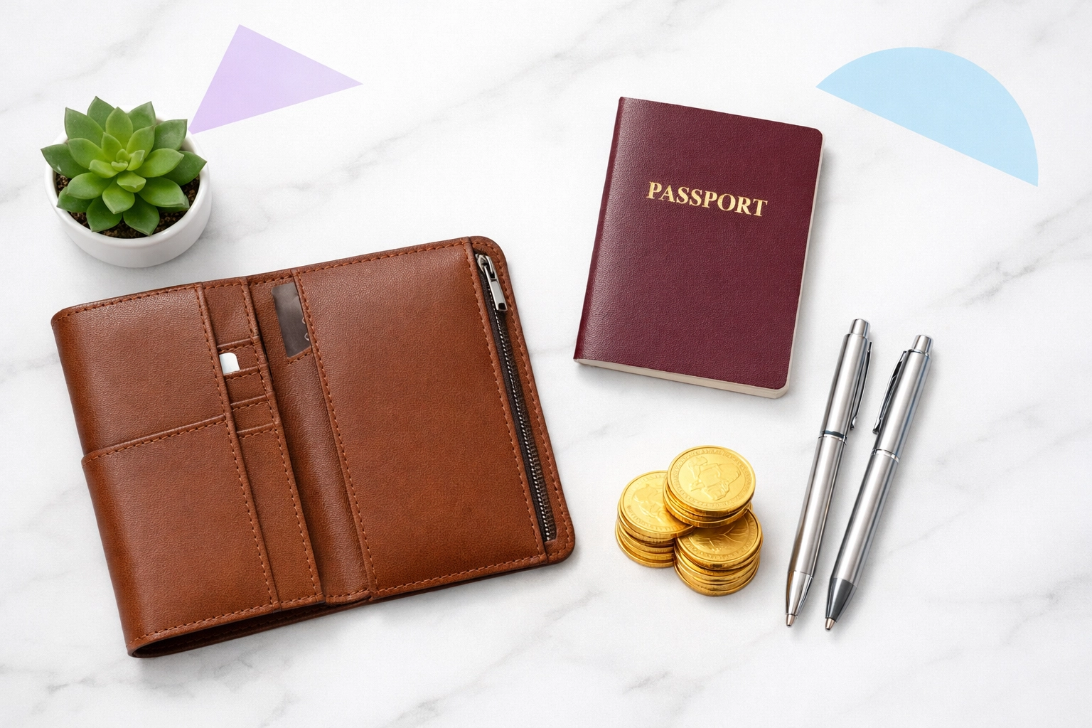 Passport, travel wallet, and gold coins representing a P85 tax refund for UK expats working remotely.
