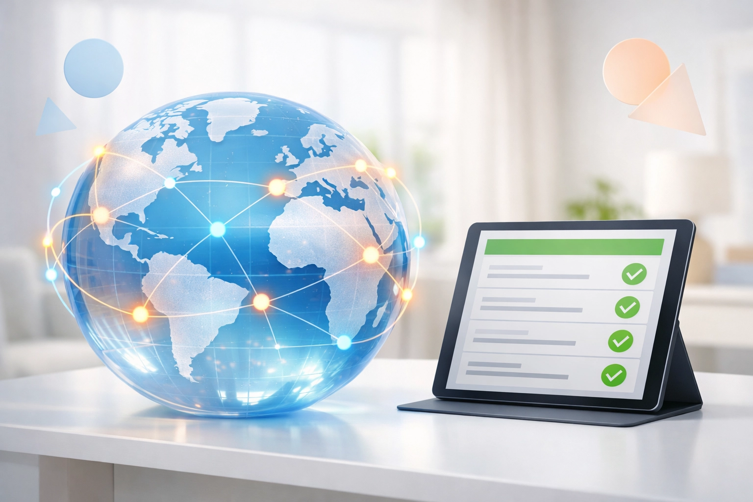 Digital tablet showing checkmarks next to a globe representing UK tax residency status for remote workers.
