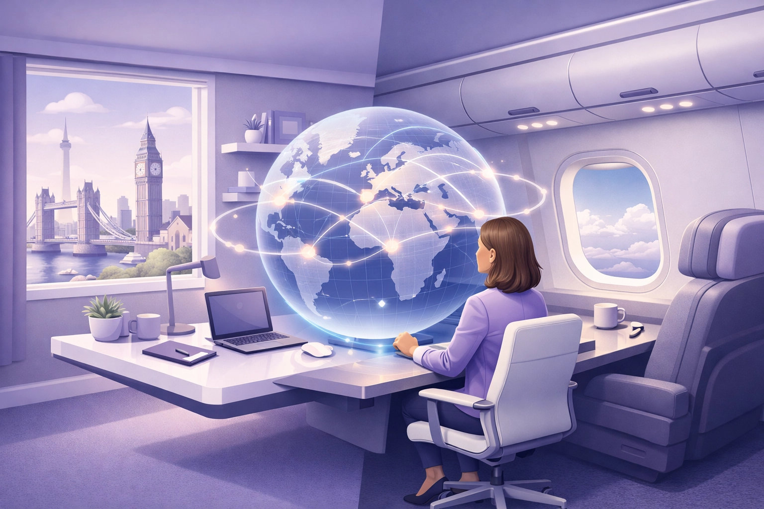 Expat working between office and airplane illustrating UK Overseas Workday Relief and tax-exempt earnings.