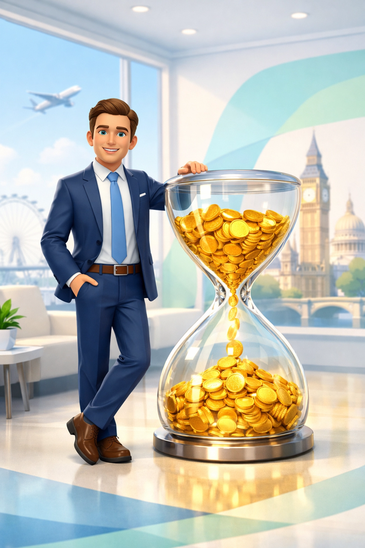 Professional expat with golden hourglass and London skyline representing the 4-year foreign income tax relief.