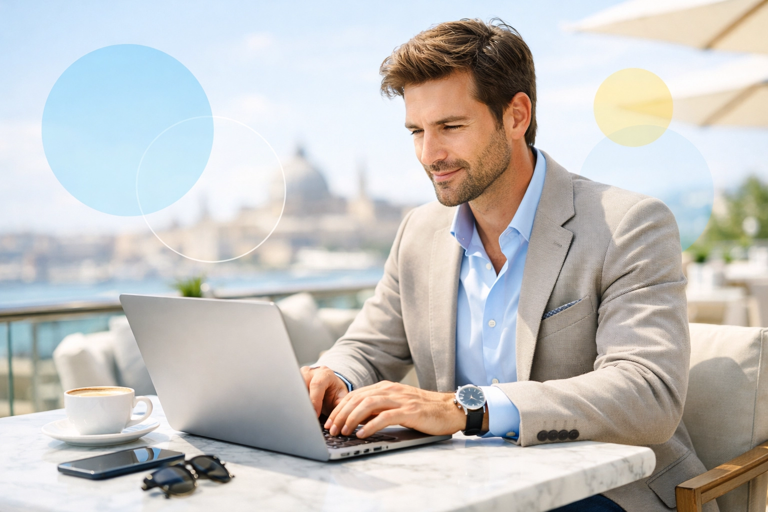 Professional working remotely in an international setting, reflecting UK tax rules for non-resident employment.