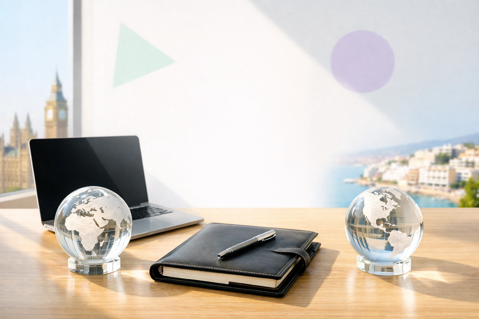 Professional desk with globes and a city view illustrating UK dual tax residency and expat tax treaty rules.