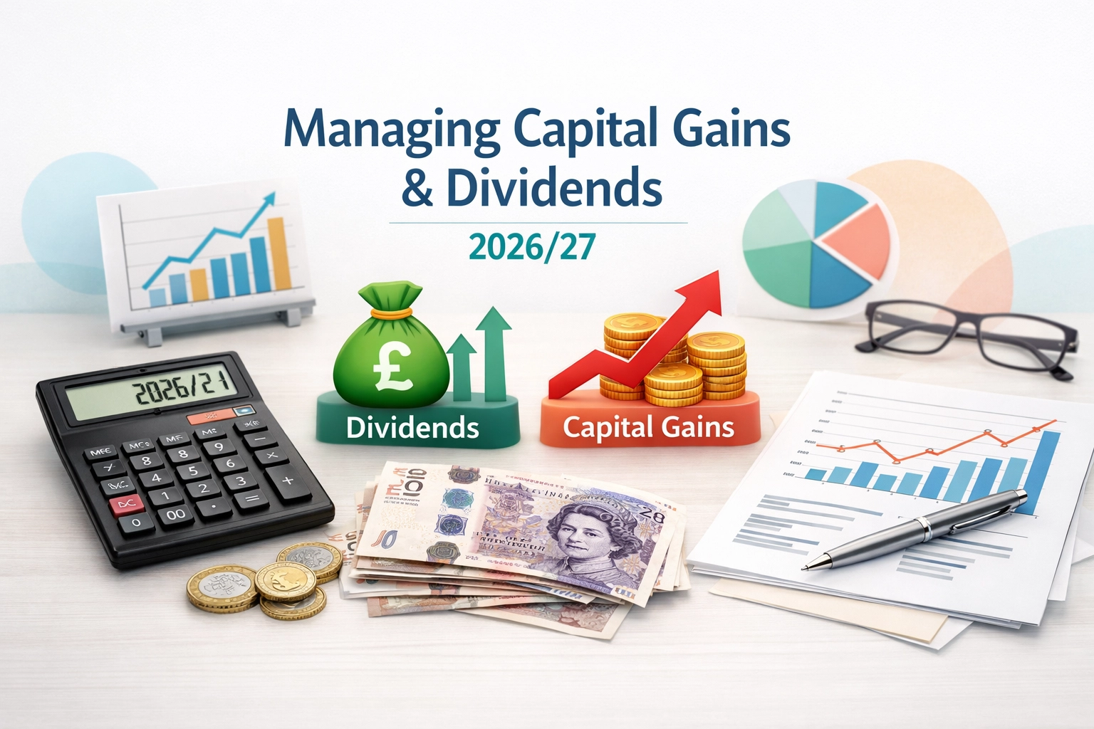 Flat lay of calculator, British pounds, and notebook, highlighting smart capital gains tax planning in the UK.