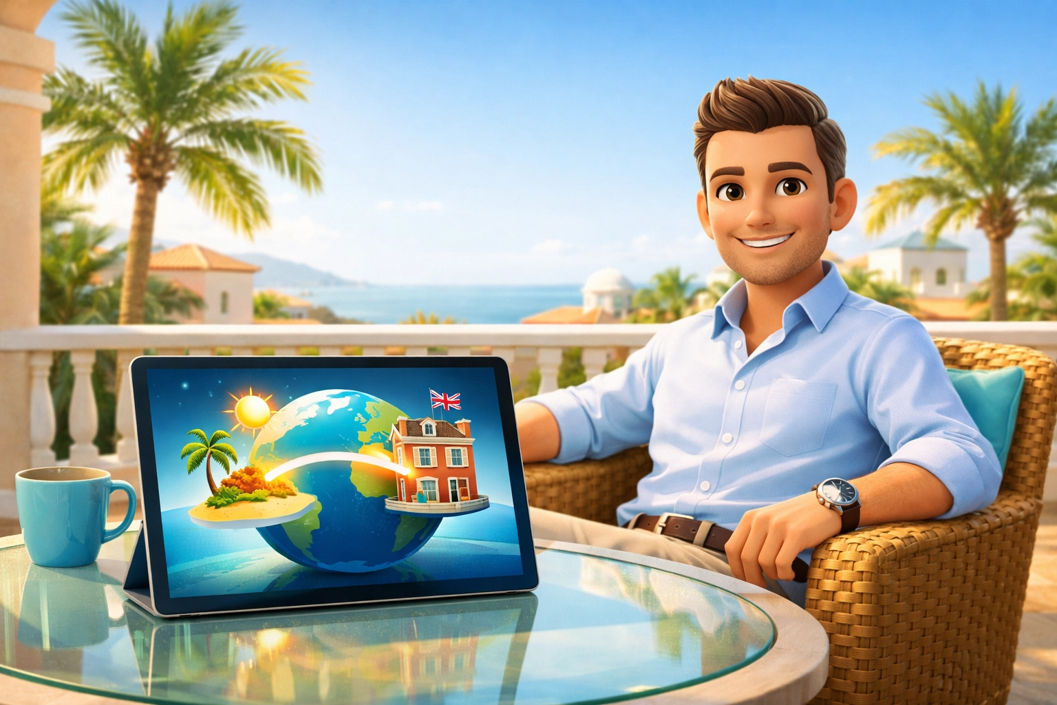 Expat landlord living abroad managing a UK rental property via a digital tablet.