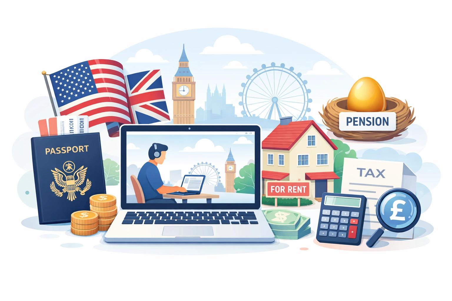 Illustration of international mobility, pensions, property, and remote work in a UK-US tax context