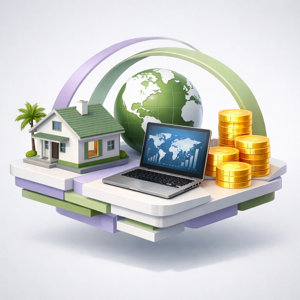 Visual representation of international income types including property, employment, and savings for tax planning.