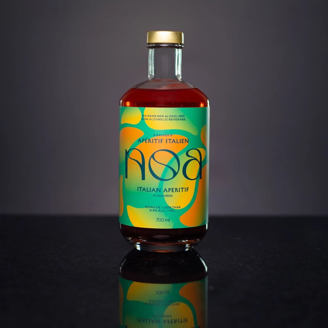 700 ml Bottle of non-alcoholic NOA Italian aperitivo on an dark background