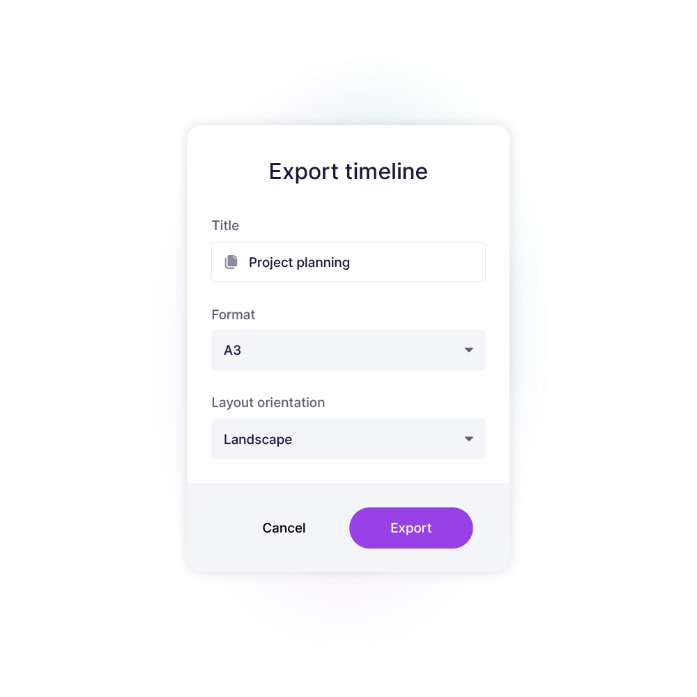 vPlan export timeline dialog with title, format (A3), and orientation (landscape) options.