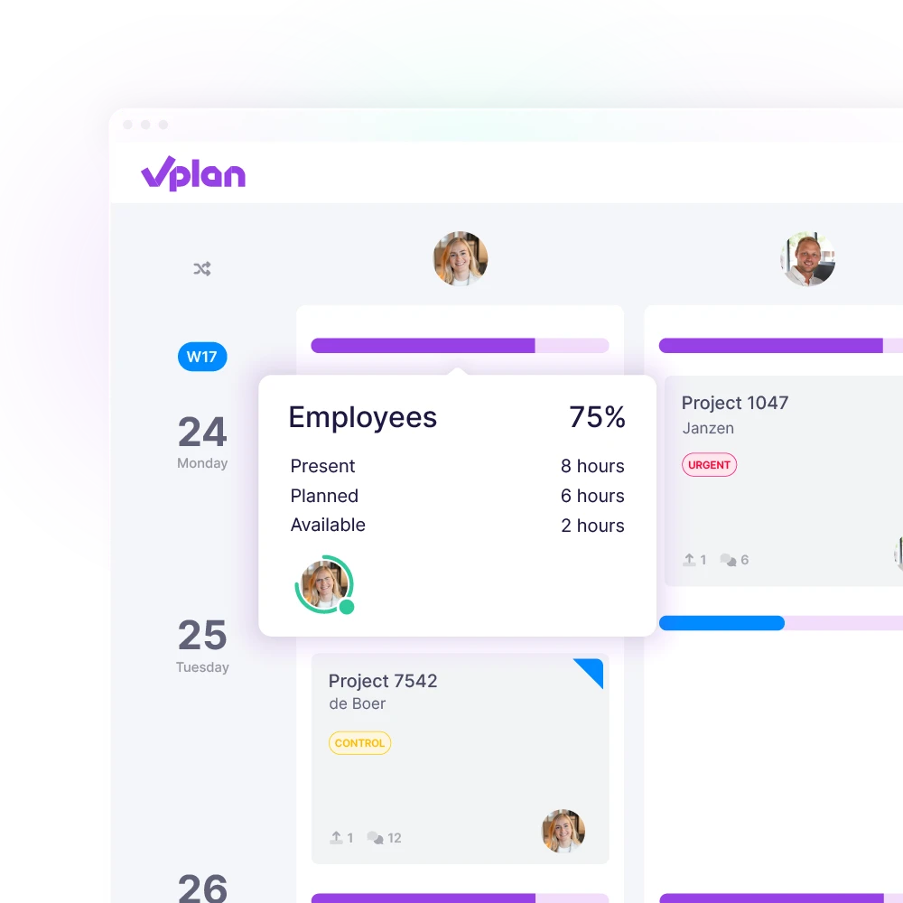 vPlan calendar view with a pop-up showing employee capacity, including present, planned, and available hours.