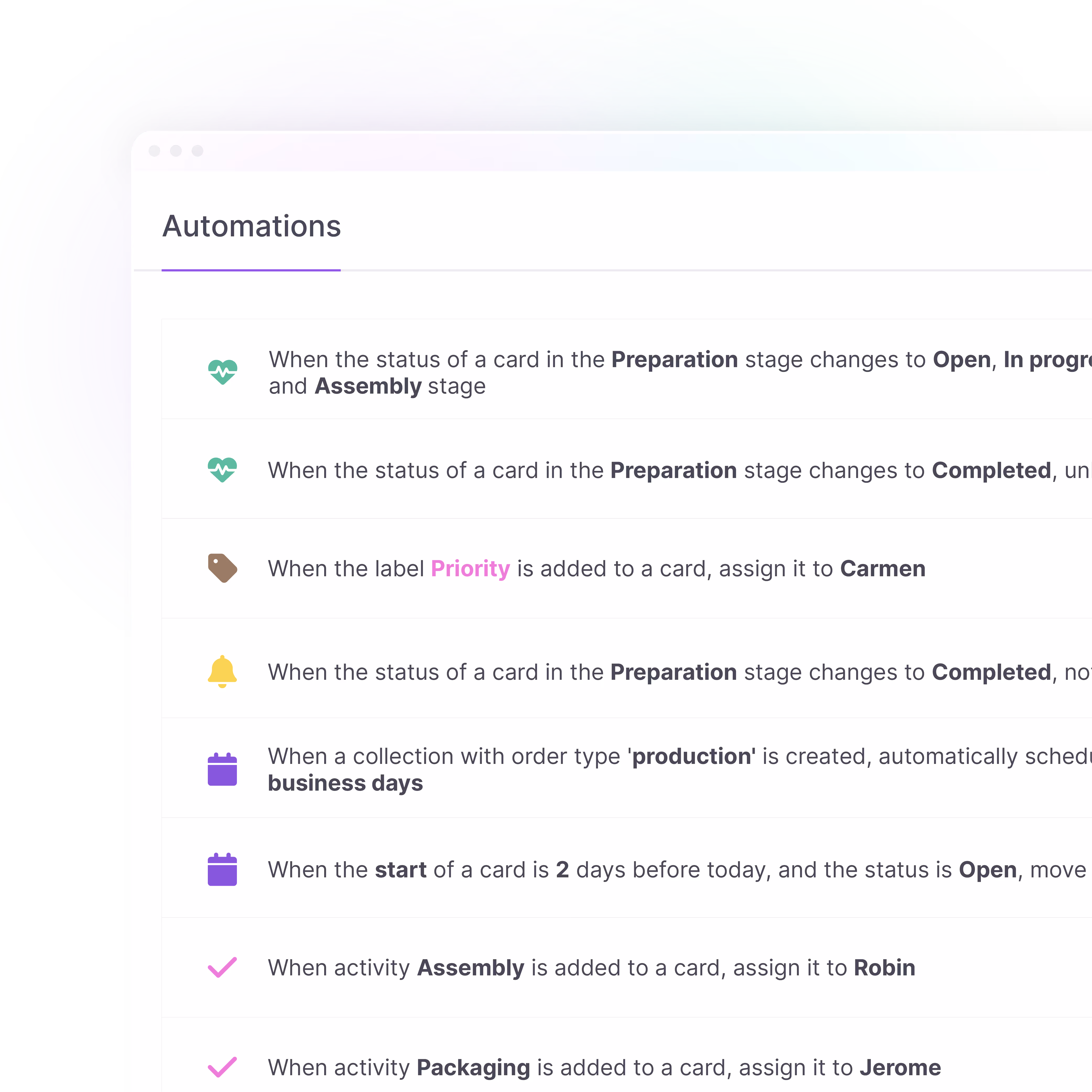 vPlan automatiseringsoverzicht met verschillende regels, waaronder meldingen, labelacties en statusveranderingen voor fasen zoals voorbereiding, productie en uitvoering.
