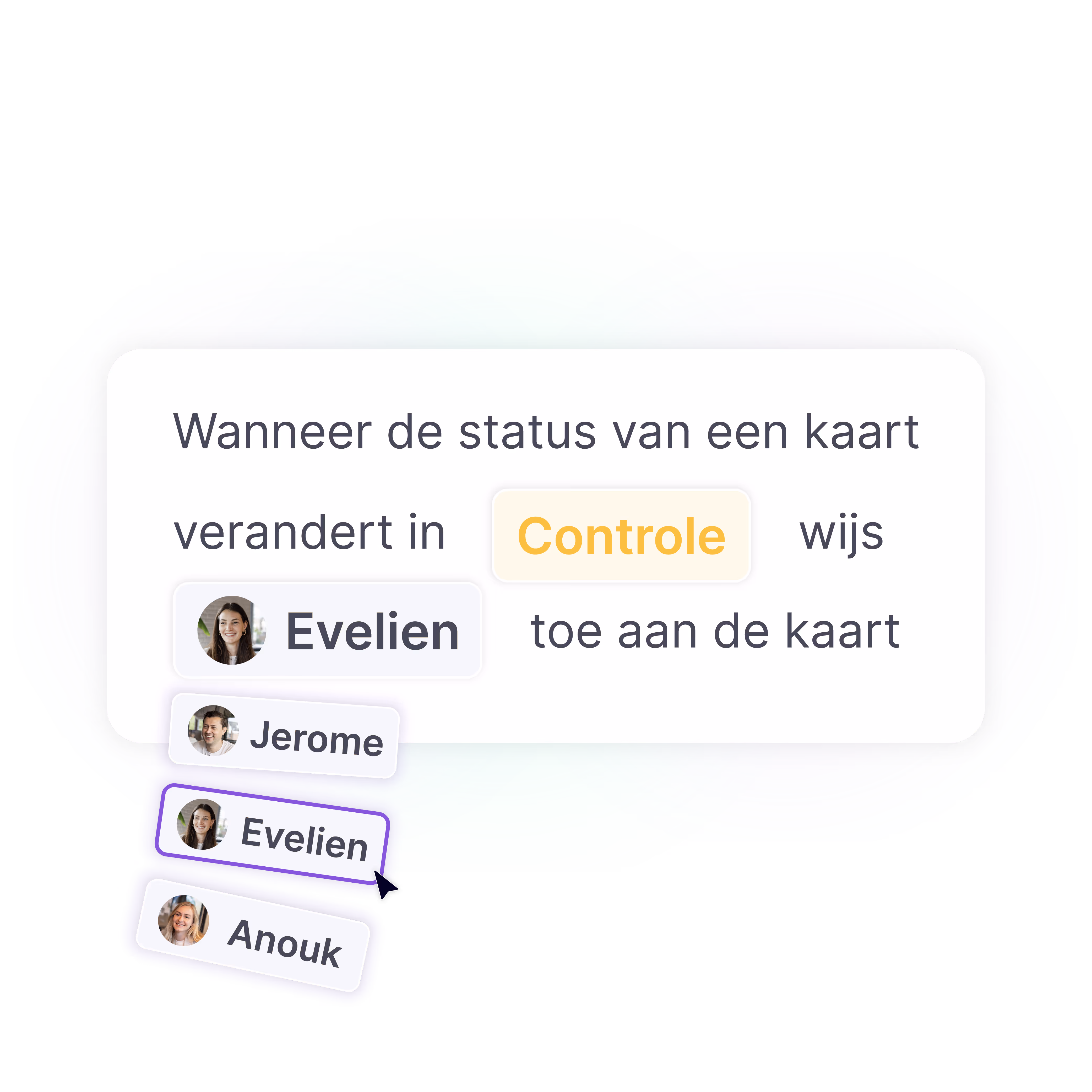 vPlan automation that automatically assigns a user, such as Evelien, to a card when the status changes to ‘Review’.