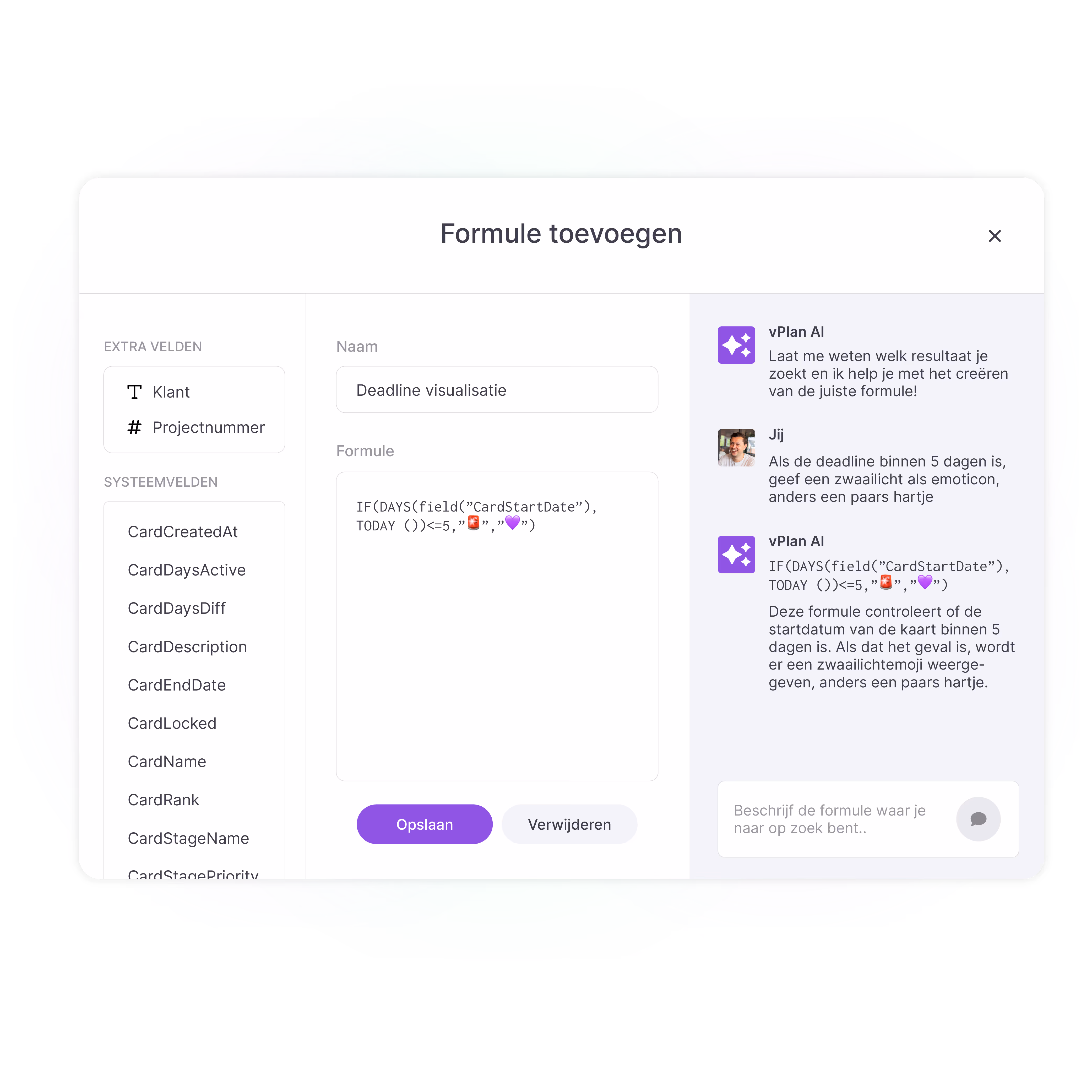 vPlan interface with AI assistant for adding formulas, showing an example formula for deadline visualization with emoji-based feedback.