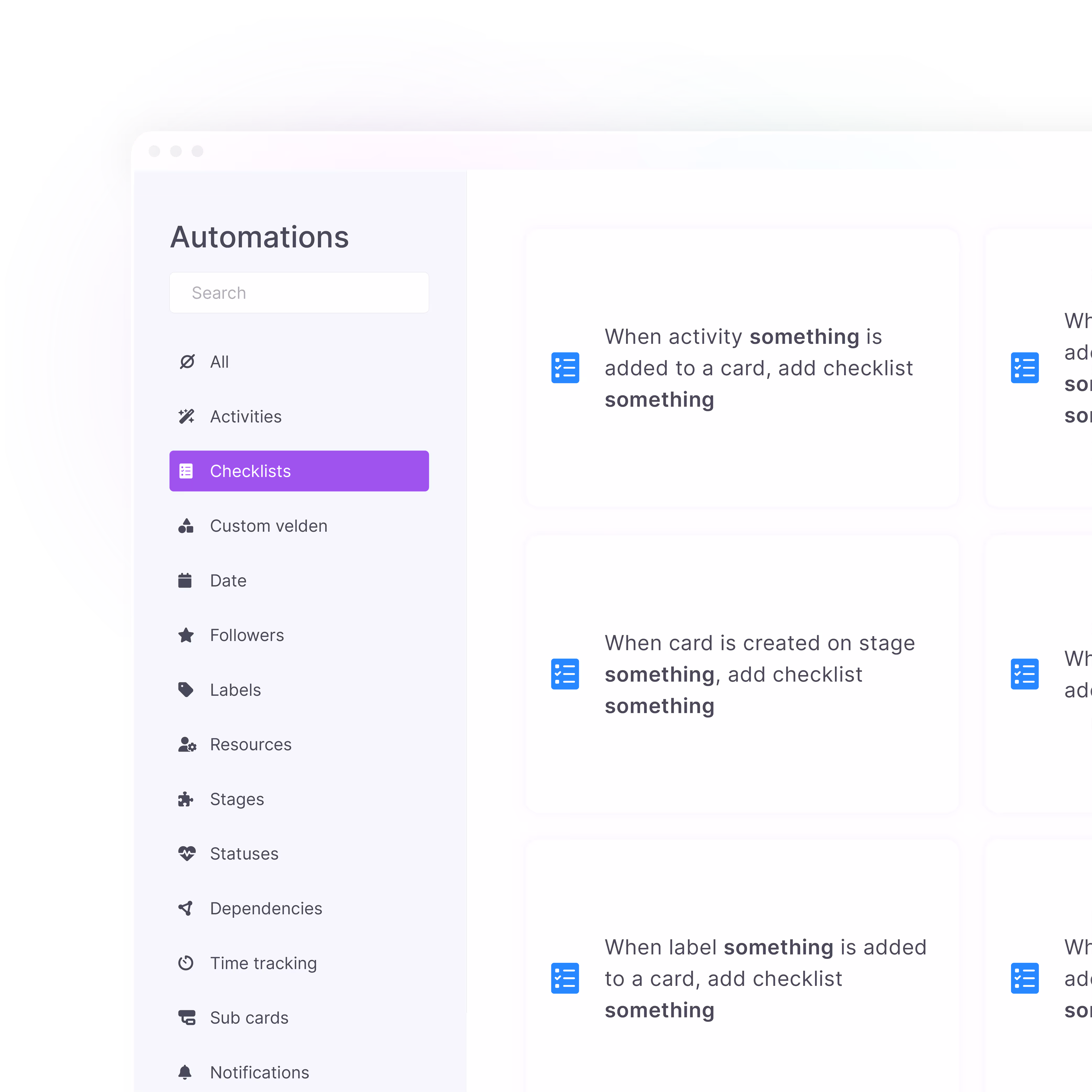 Automatiseringsinstellingen in vPlan met opties voor checklists, activiteiten, fasen en tijdsregistratie.