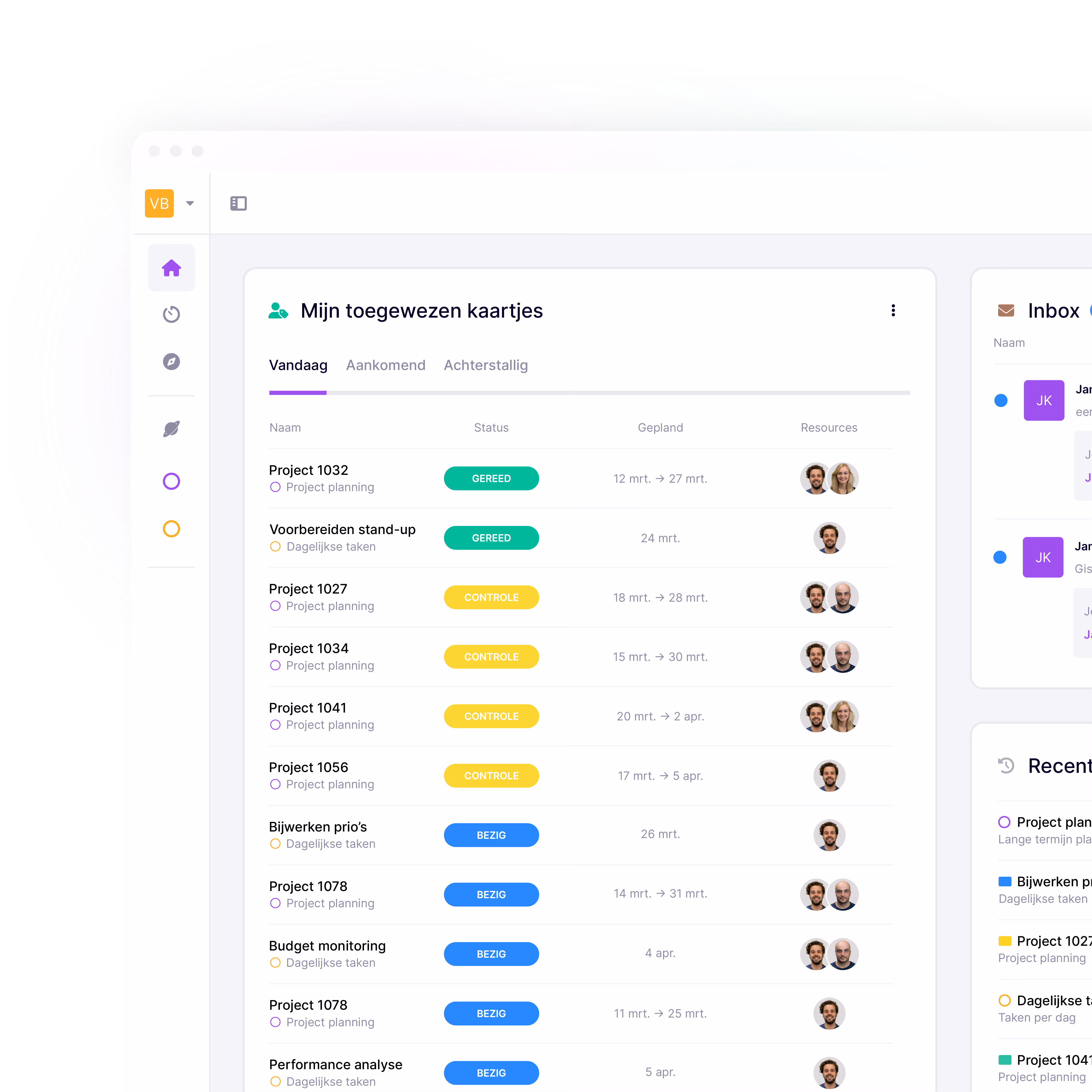 Dashboardweergave van vPlan met overzicht van toegewezen kaartjes, projectstatussen en geplande taken voor vandaag, aankomend en achterstallig werk.