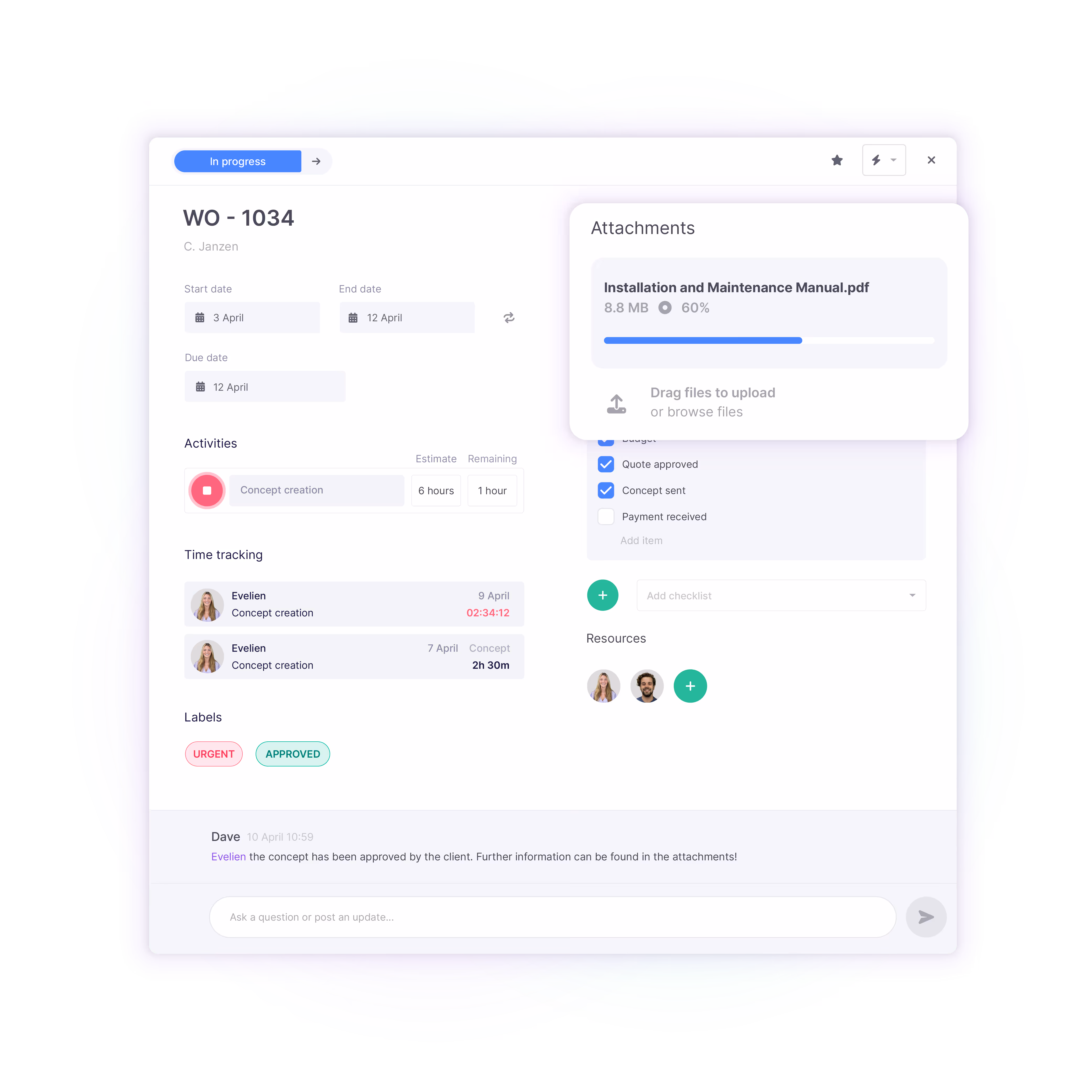 vPlan werkorderoverzicht met subkaartjes, activiteiten en bijlagen voor installatie- en onderhoudswerk, inclusief voortgang en toegewezen medewerkers.