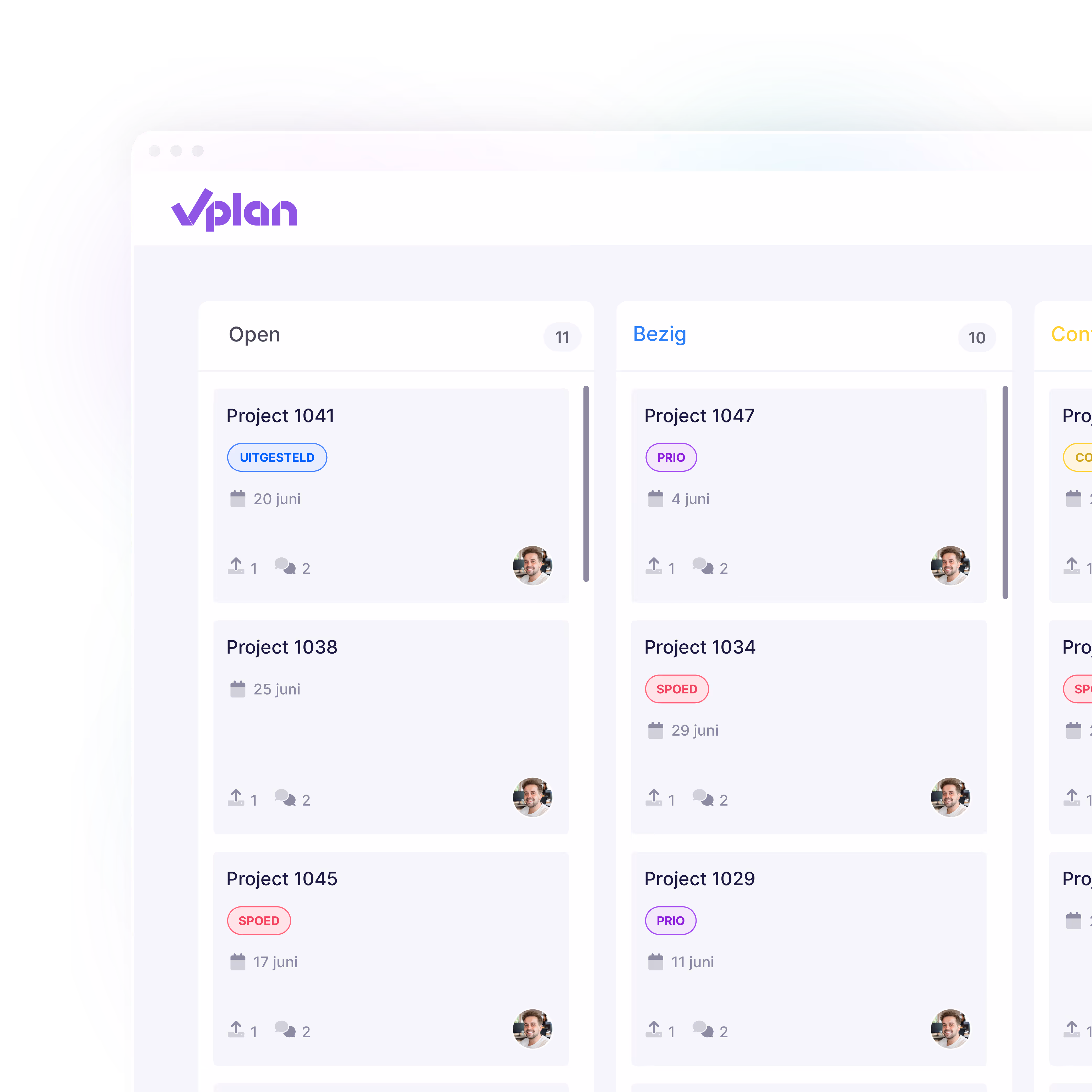 vPlan interface showing an overview of projects in various statuses such as open, in progress, and under review, displayed in a visual board for efficient workflow management.