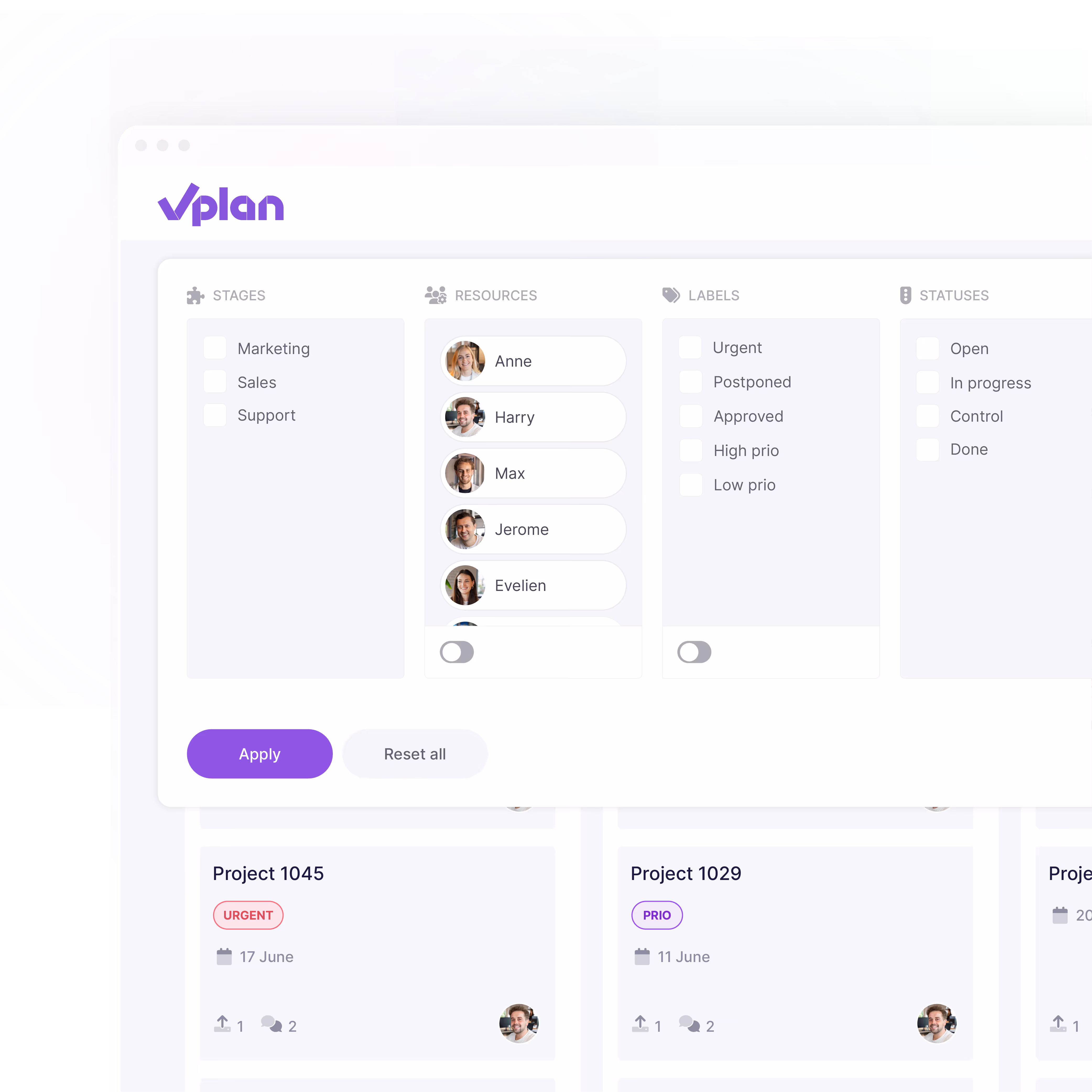 Overzicht van de vPlan-interface met filters voor fasen, resources, labels en statussen om projecten en teamleden efficiënt te beheren.