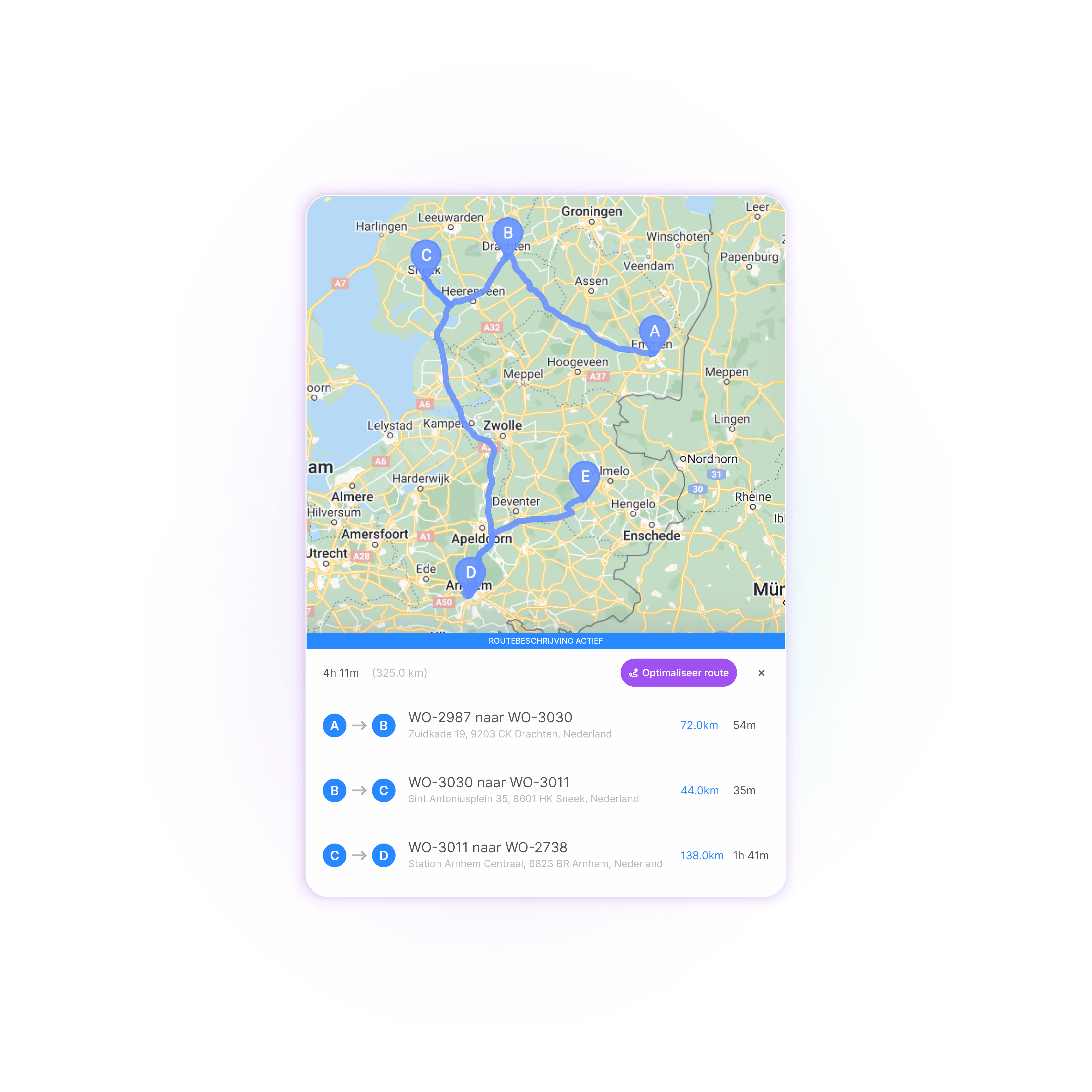 Map view in vPlan showing optimized route planning between multiple locations in the Netherlands, helping manage travel time and distance efficiently.