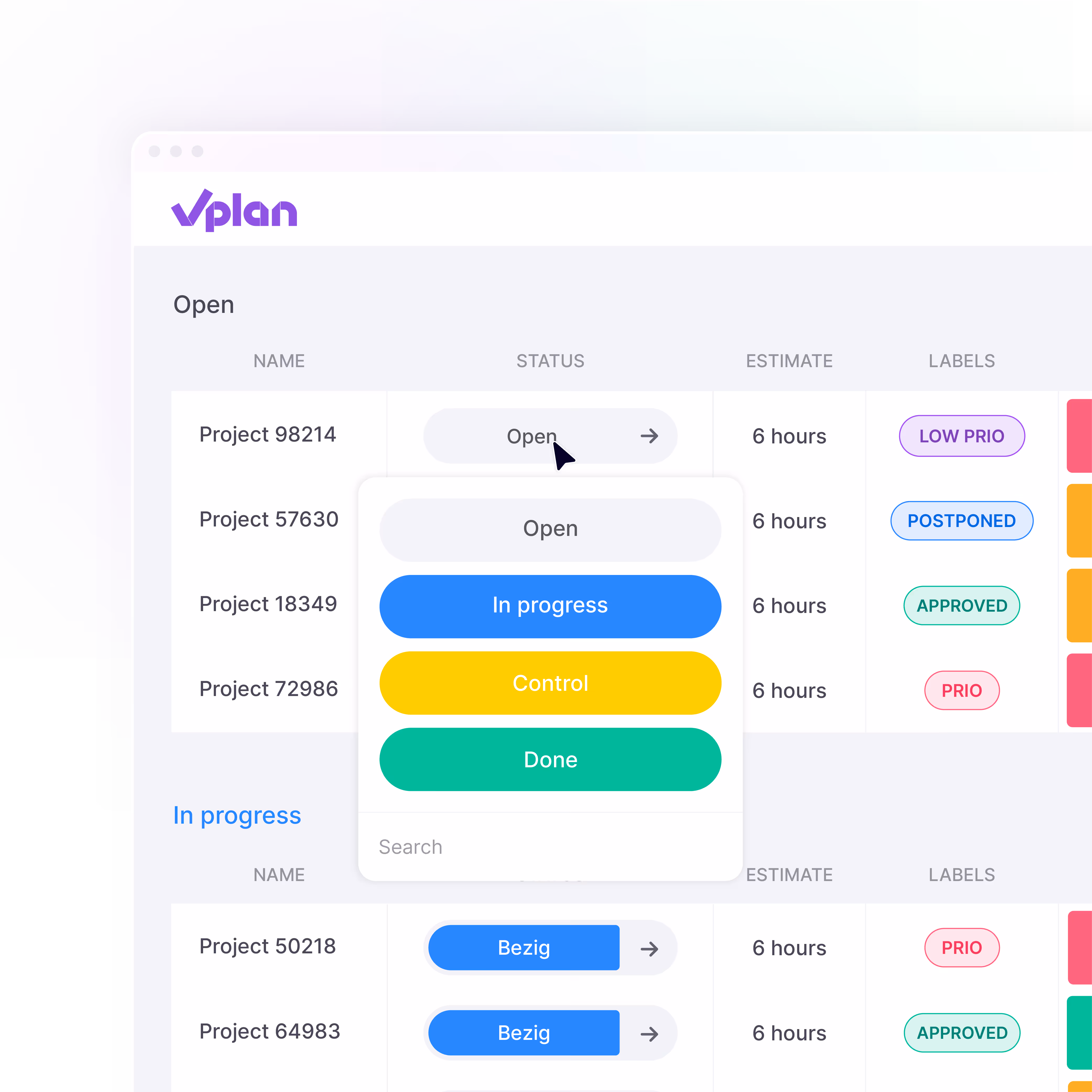 vPlan-interface met een overzicht van projecten en statussen zoals open, bezig, controle en gereed, waarmee voortgang eenvoudig kan worden beheerd.
