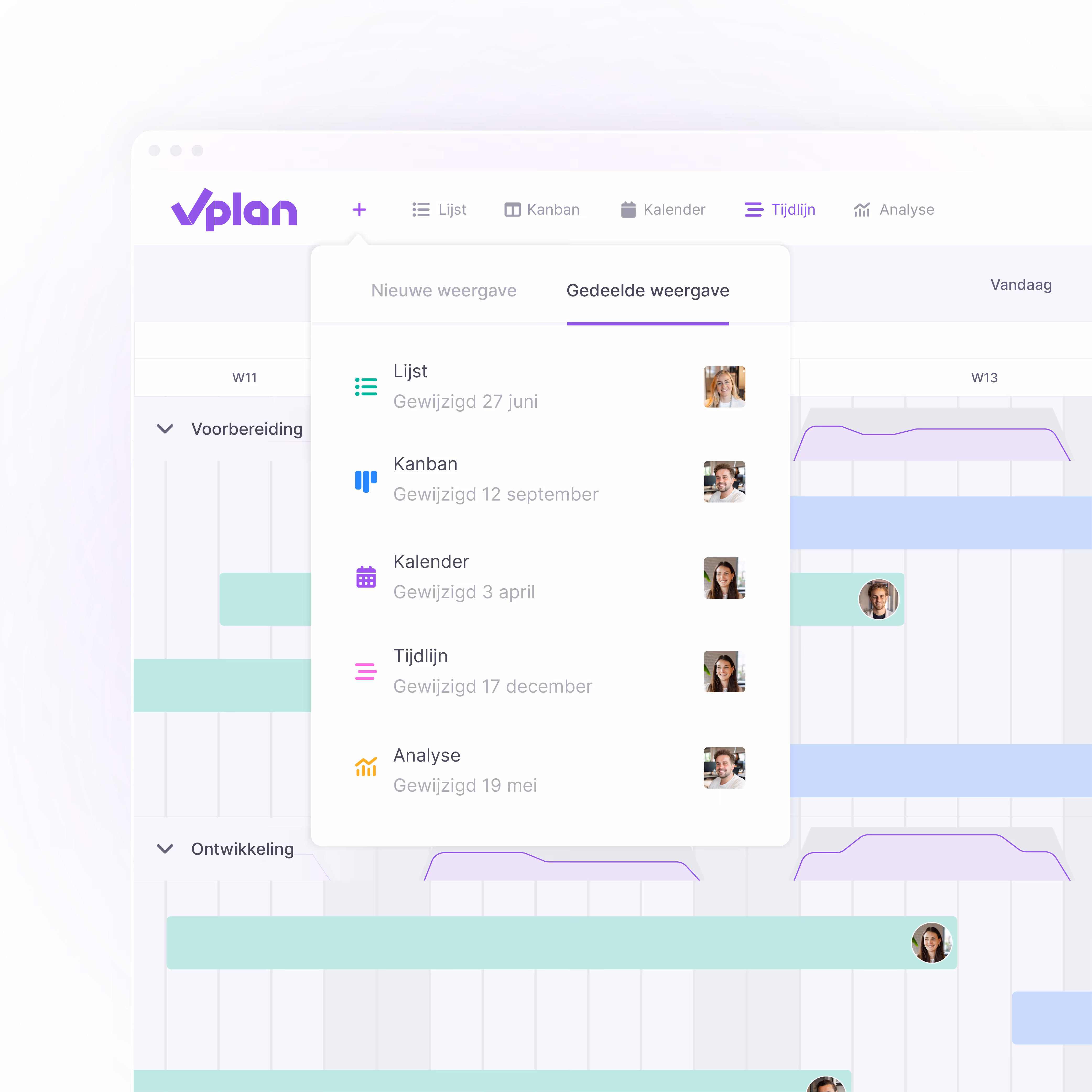 Overview of different views in vPlan, including list, Kanban, calendar, timeline, and analytics, enabling flexible project planning and collaboration.