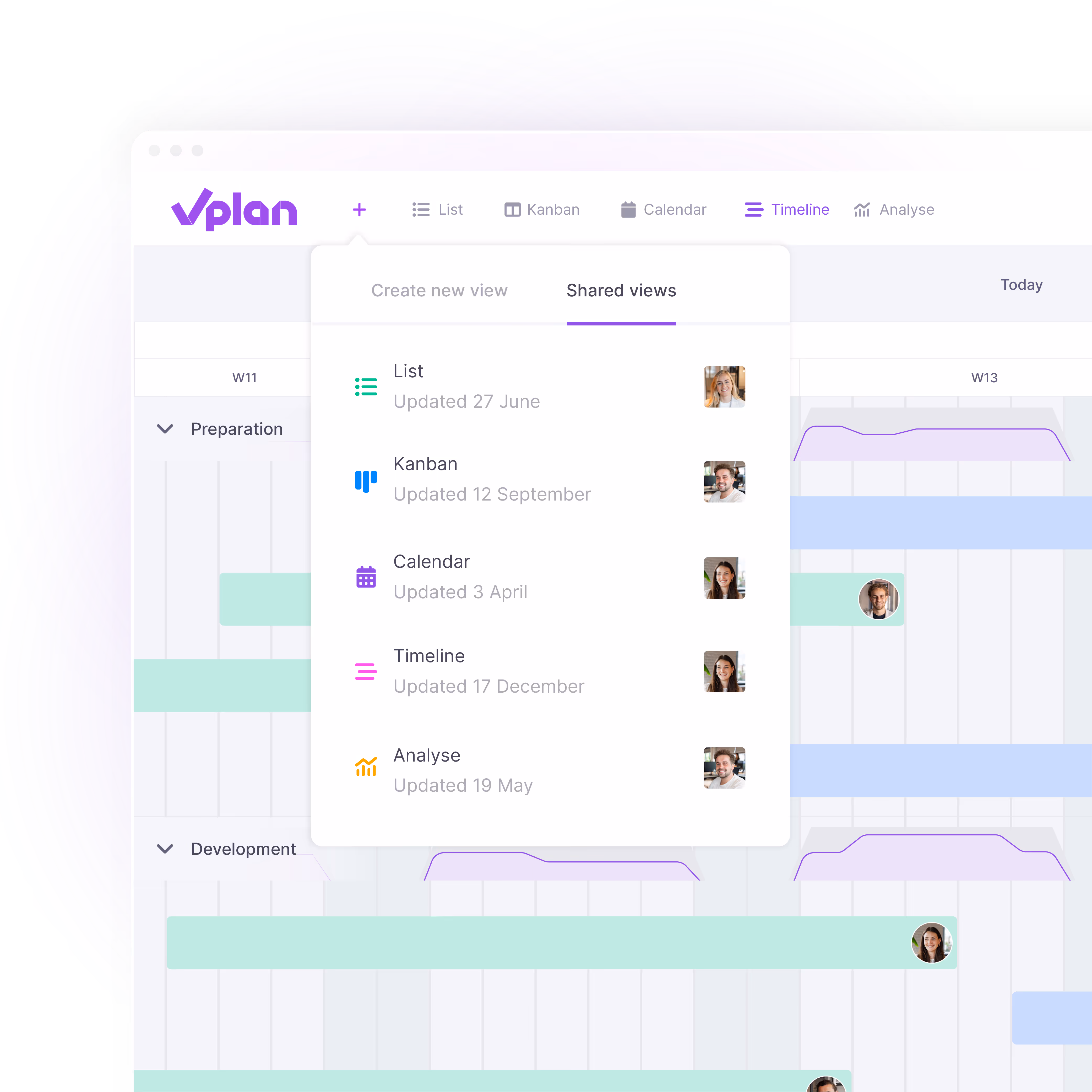 Weergave van de vPlan-interface met verschillende projectoverzichten zoals lijst, kanban, kalender, tijdlijn en analyse om werkprocessen te organiseren.