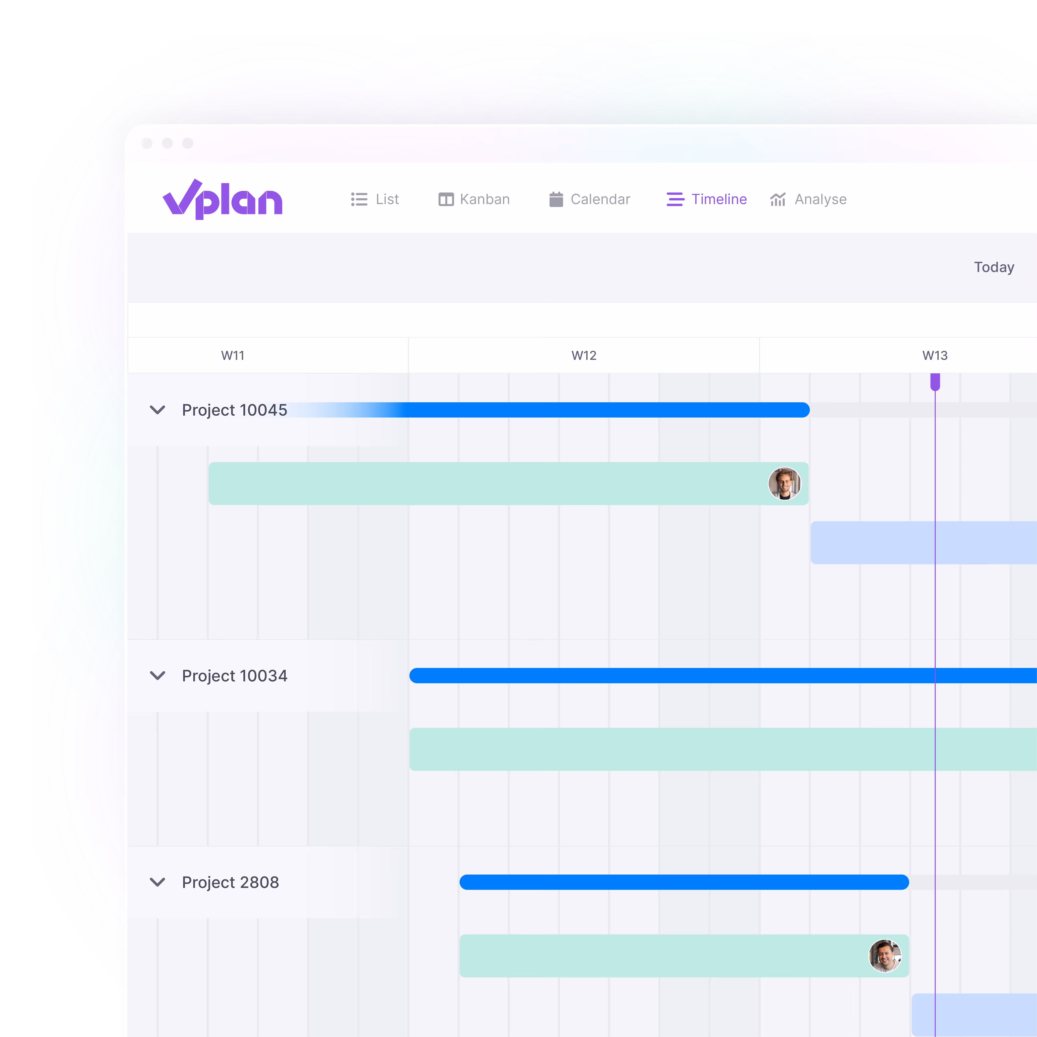 vPlan-interface met tijdlijnweergave van meerdere projecten, waarin de voortgang en planning per week visueel worden weergegeven.