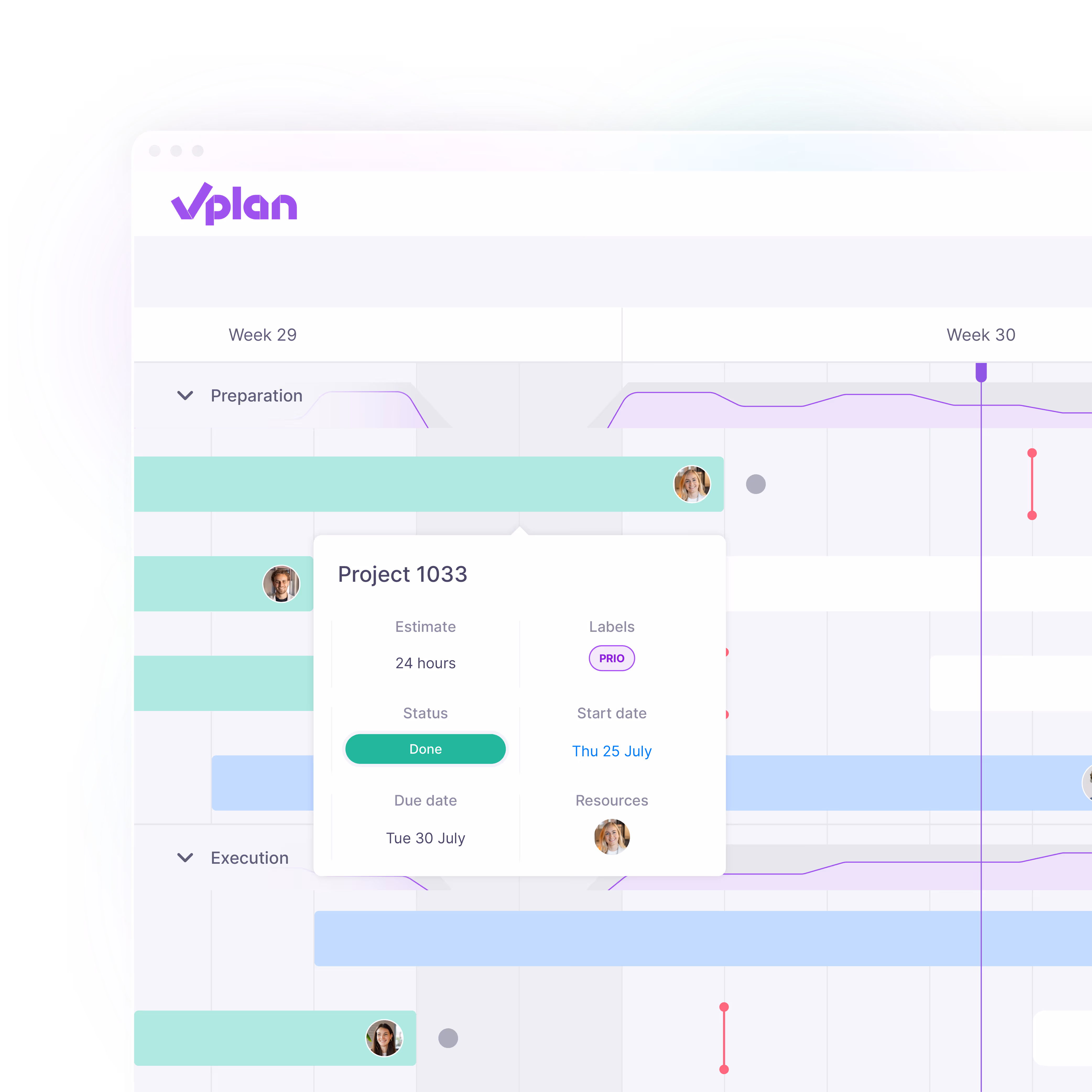 vPlan-interface met projectdetails, waaronder status, labels, startdatum en toegewezen teamleden, weergegeven in een tijdlijnweergave.