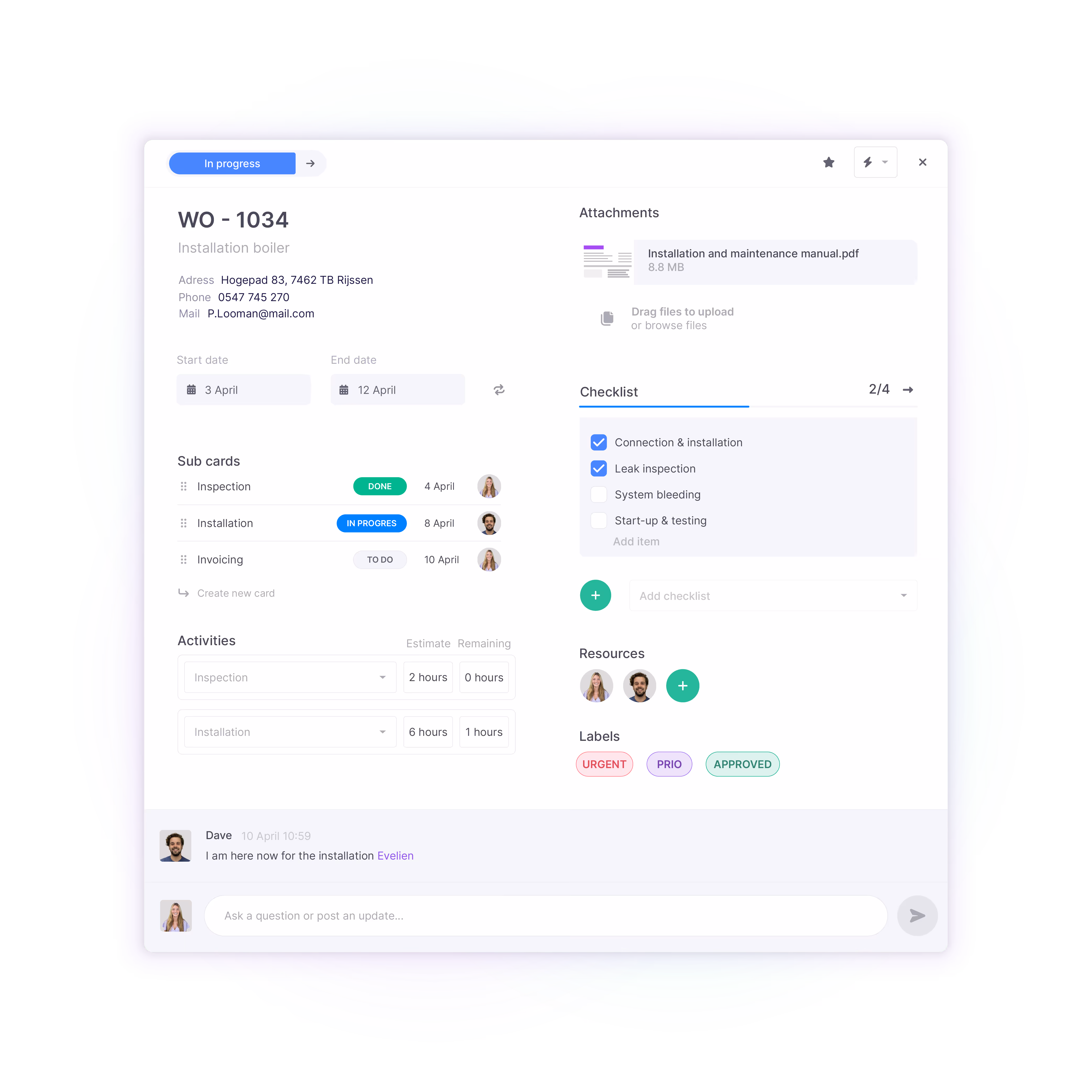 vPlan-interface met een werkorder voor de installatie van een CV-ketel, inclusief checklist, bijlagen, activiteiten en toegewezen teamleden.