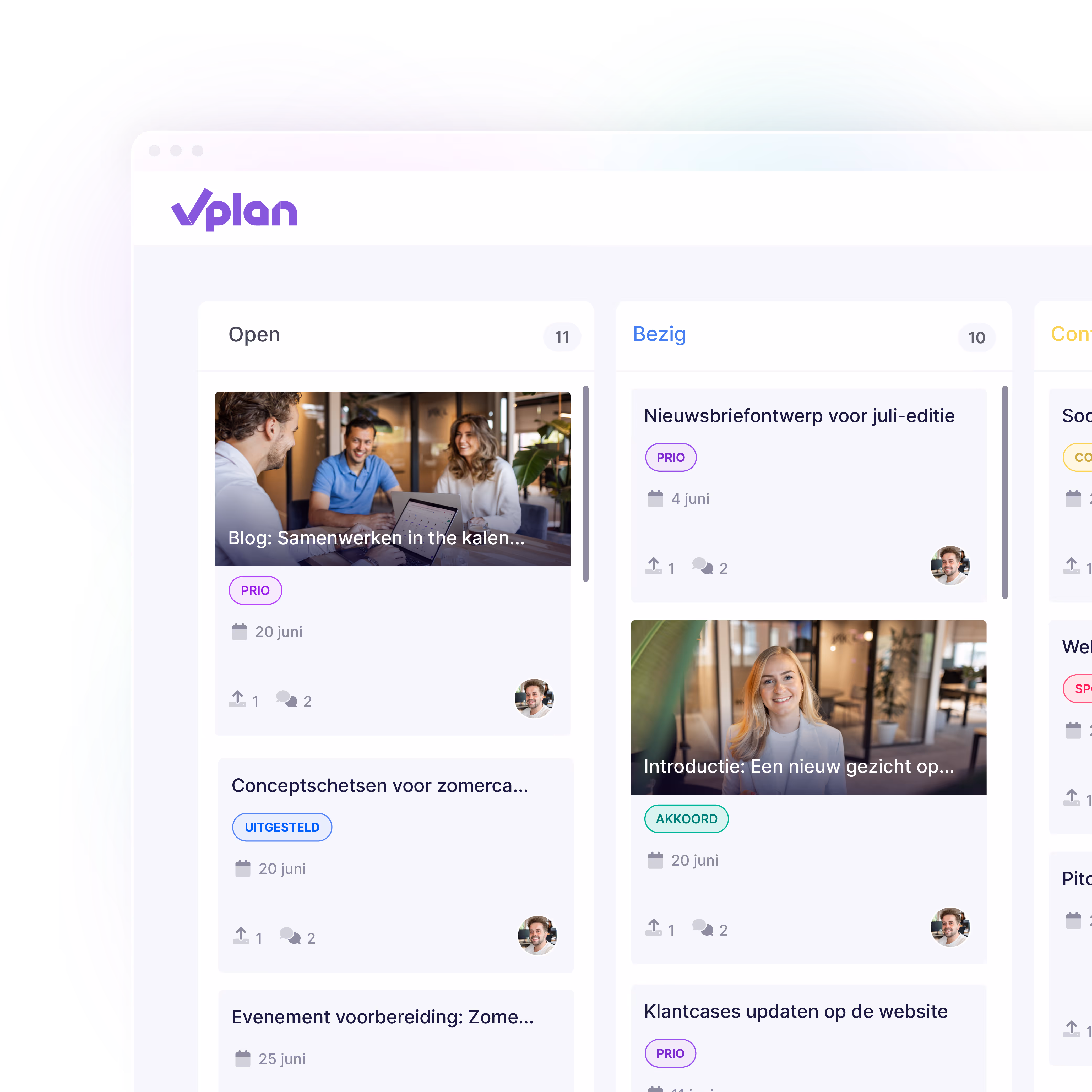 Team discussing project planning using vPlan on laptops during an informal meeting, highlighting collaboration and efficient scheduling.