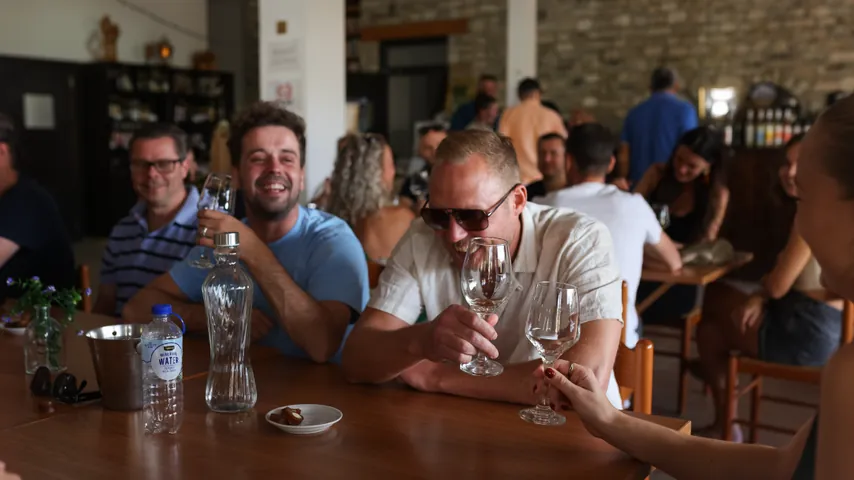 Group of friends smiling and clinking wine glasses at a wooden table in a cozy indoor setting.