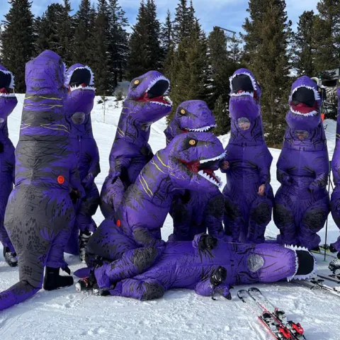 Group of people dressed in purple dinosaur costumes standing on snow with ski gear nearby.