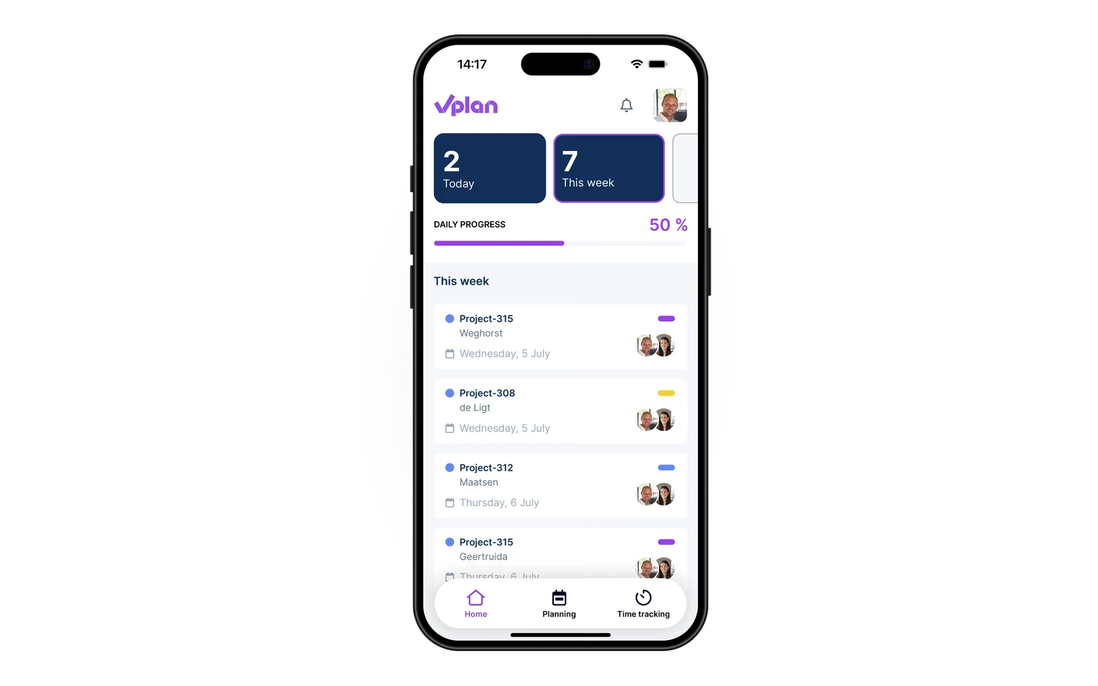 vPlan mobile app on a smartphone showing today’s tasks and daily progress.