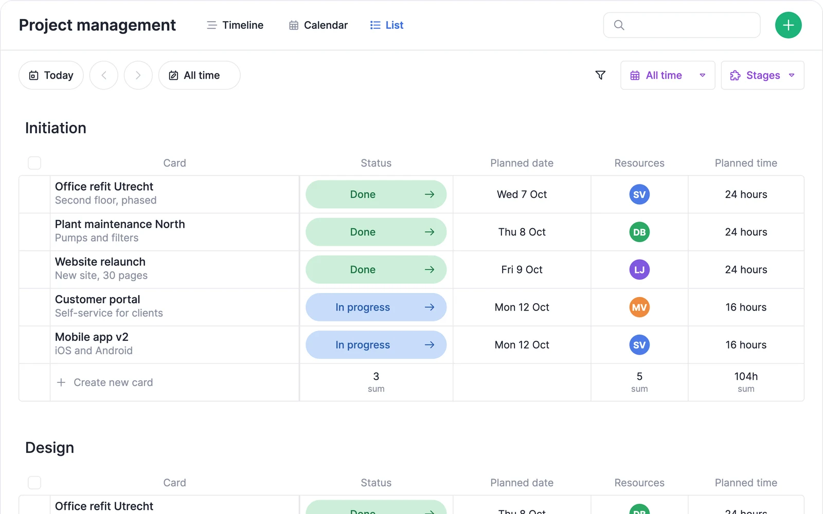 vPlan list view with cards, status labels, planned dates and assignees.
