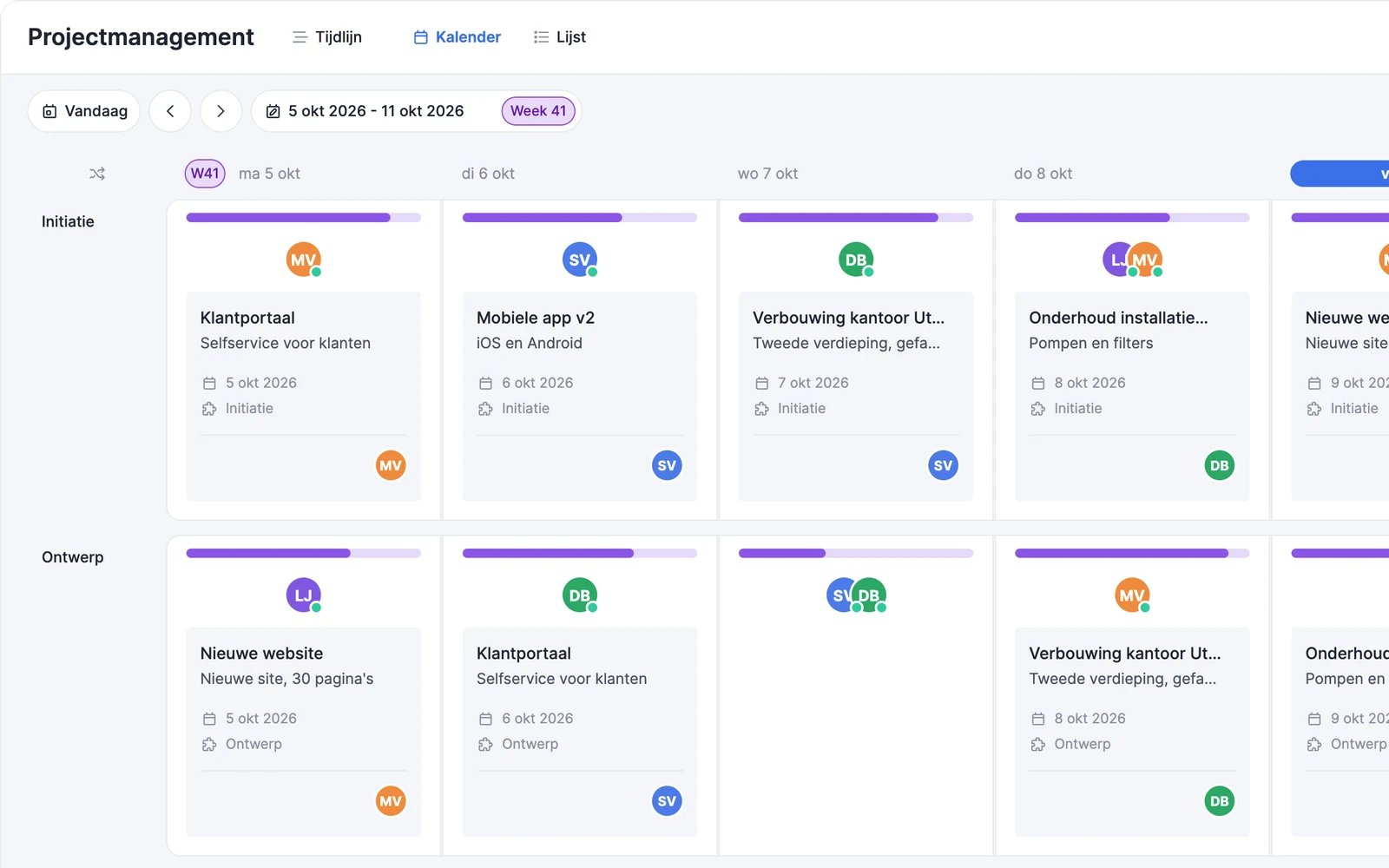 vPlan-kalender in weekweergave met kaarten per projectfase.