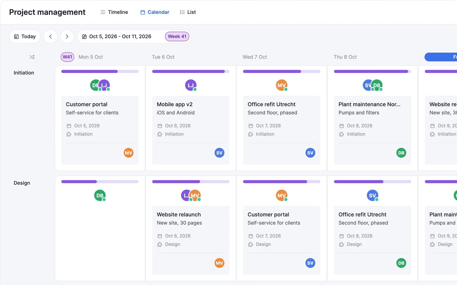 vPlan calendar week view with cards per project phase.