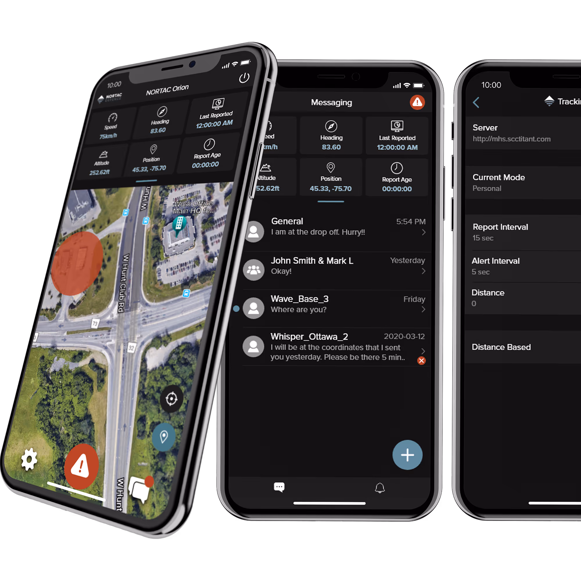Three smartphones showing a tracking app with map, messaging, and tracking settings screens.