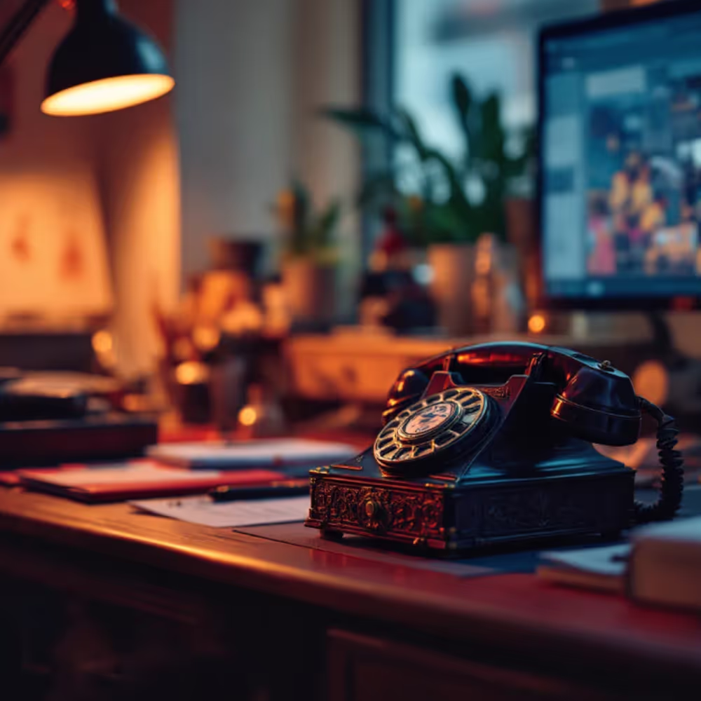 Antique phone on desk at Knowtizmnt and Consulting web designer desk