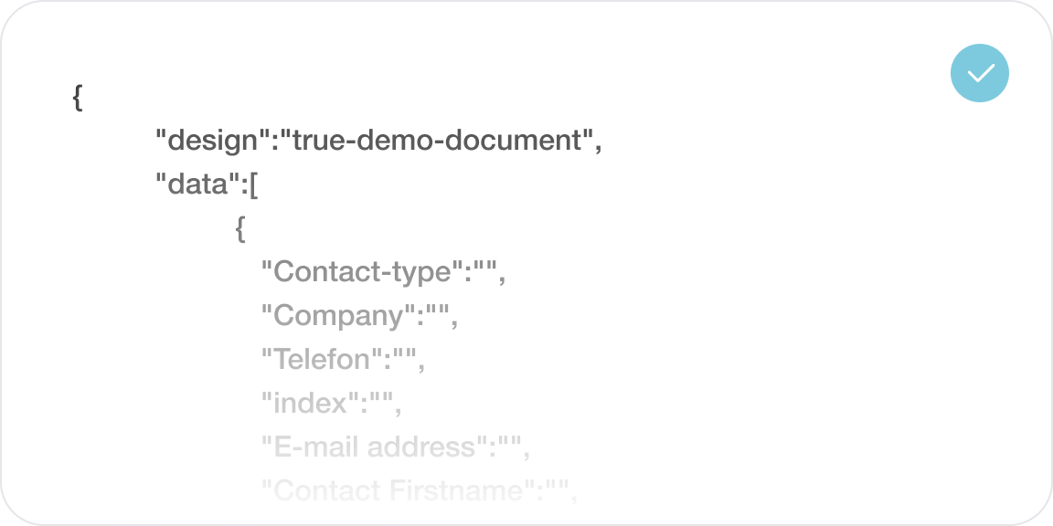 UI card displaying JSON snippet for design 'true-demo-document' with data fields