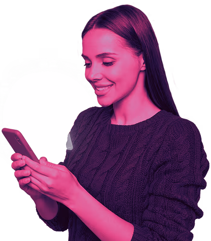 Smiling young woman holding smartphone with floating digital document overlay showing mobile document management