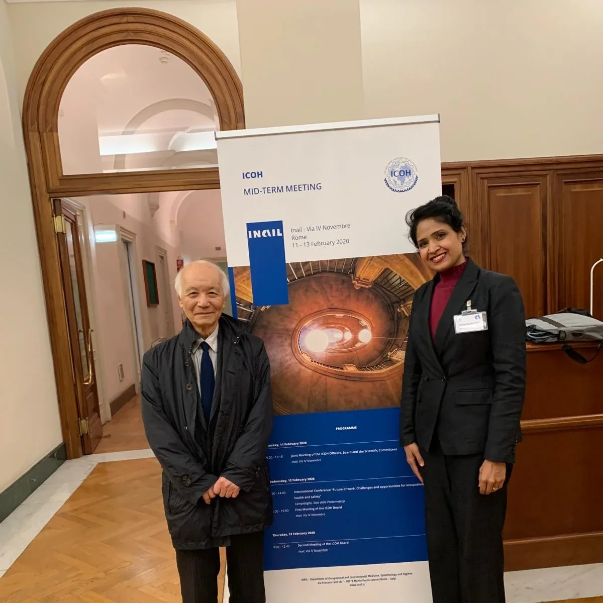 Dr Minha Rajput-Ray with Dr Kazutaka Kogi at the International Commission on Occupational Health meeting, Rome, 2020