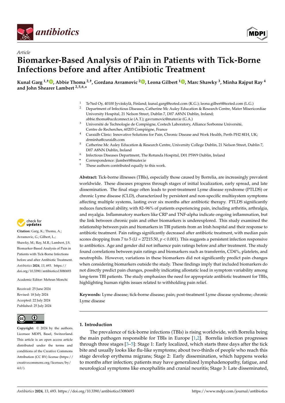Biomarker-based analysis of pain in patients with tick-borne infections before and after antibiotic treatment