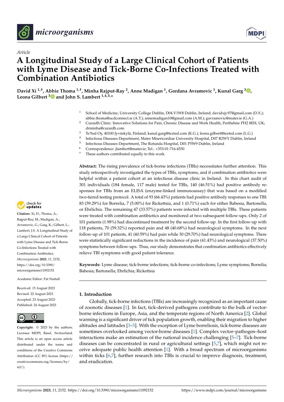 A longitudinal study of a large clinical cohort of patients with Lyme disease and tick-borne co-infections treated with combination antibiotics