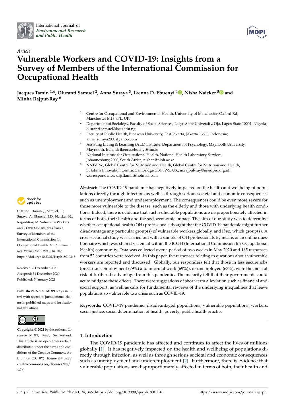 Vulnerable workers and COVID-19: insights from a survey of members of the International Commission for Occupational Health